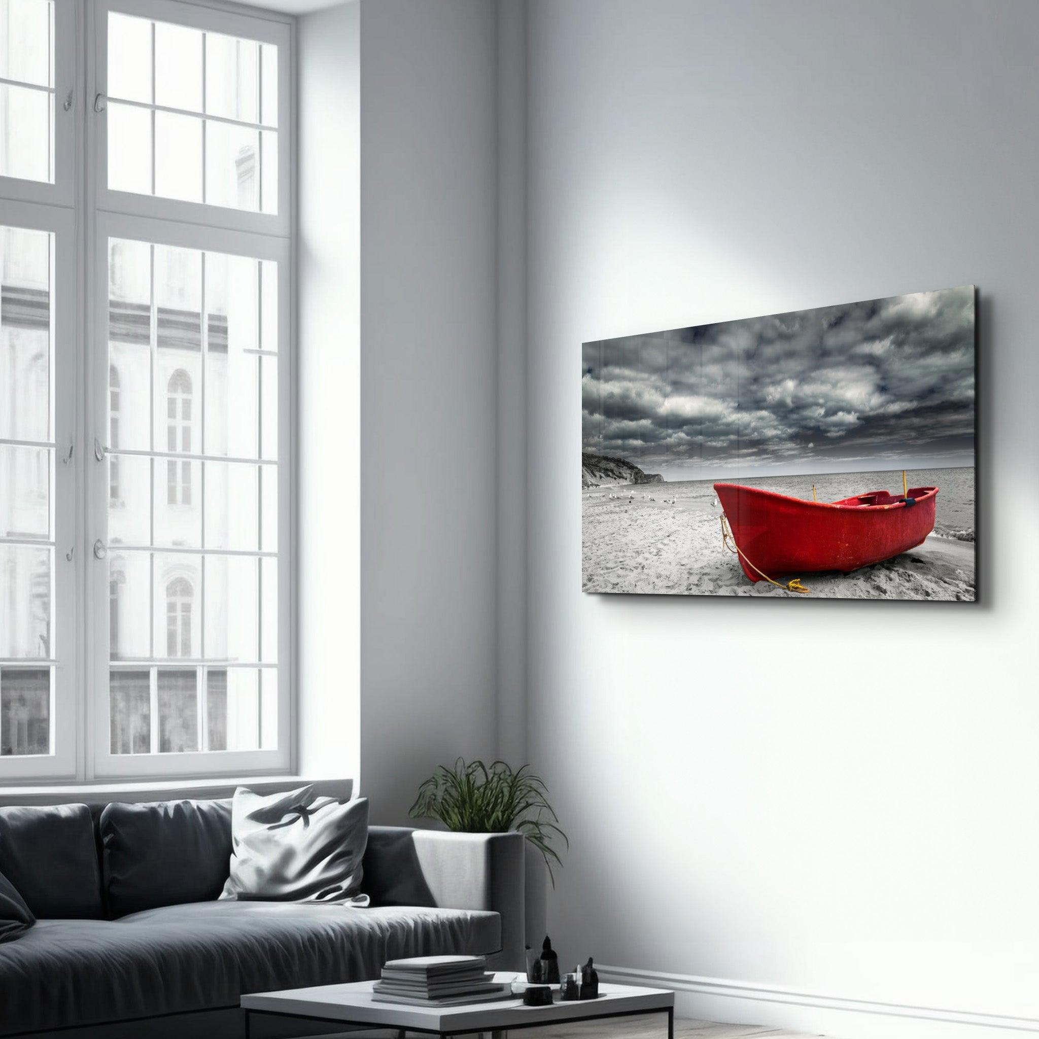 Red Sailing Boat | Glass Wall Art - Artdesigna