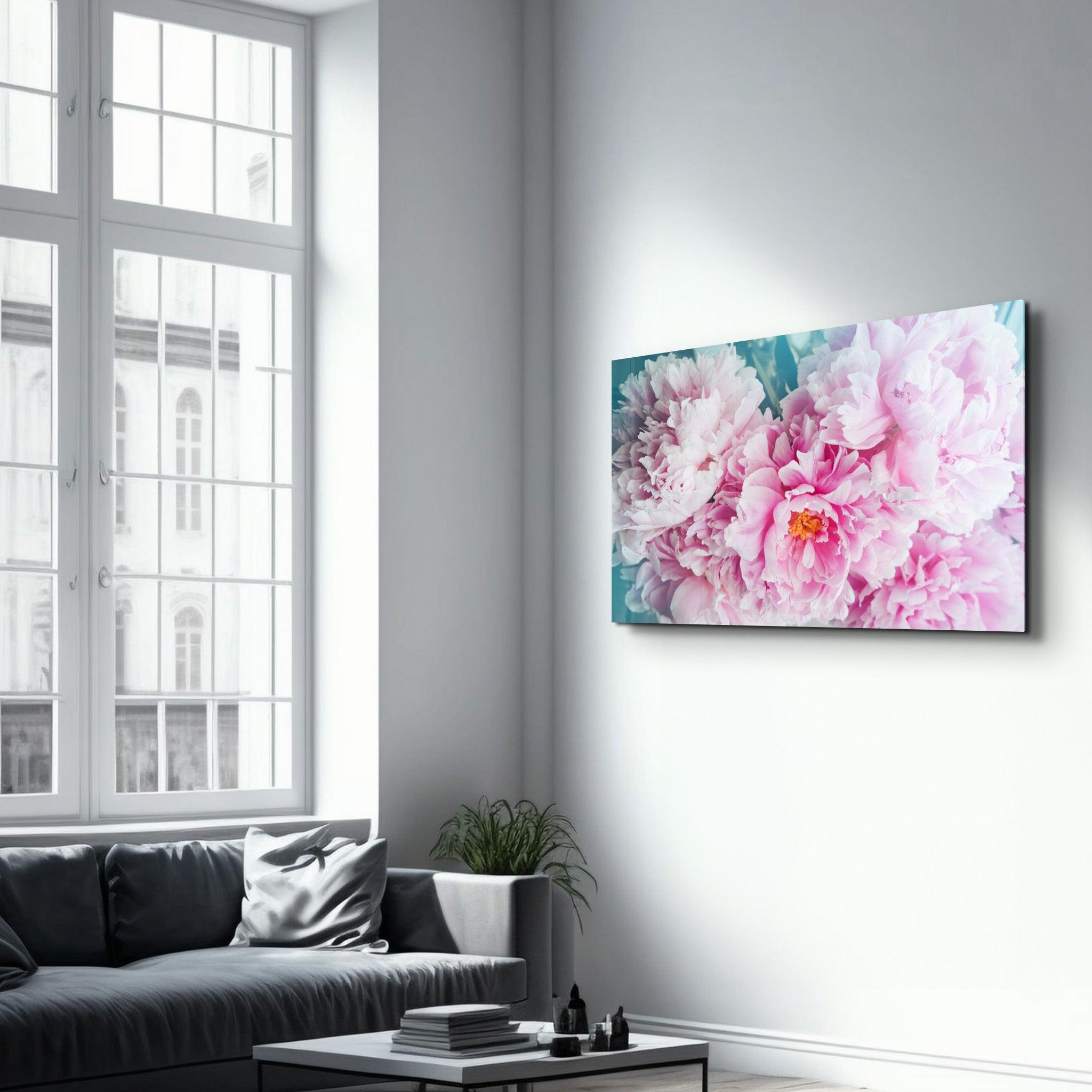 Blushing Peonies | Glass Wall Art - Artdesigna