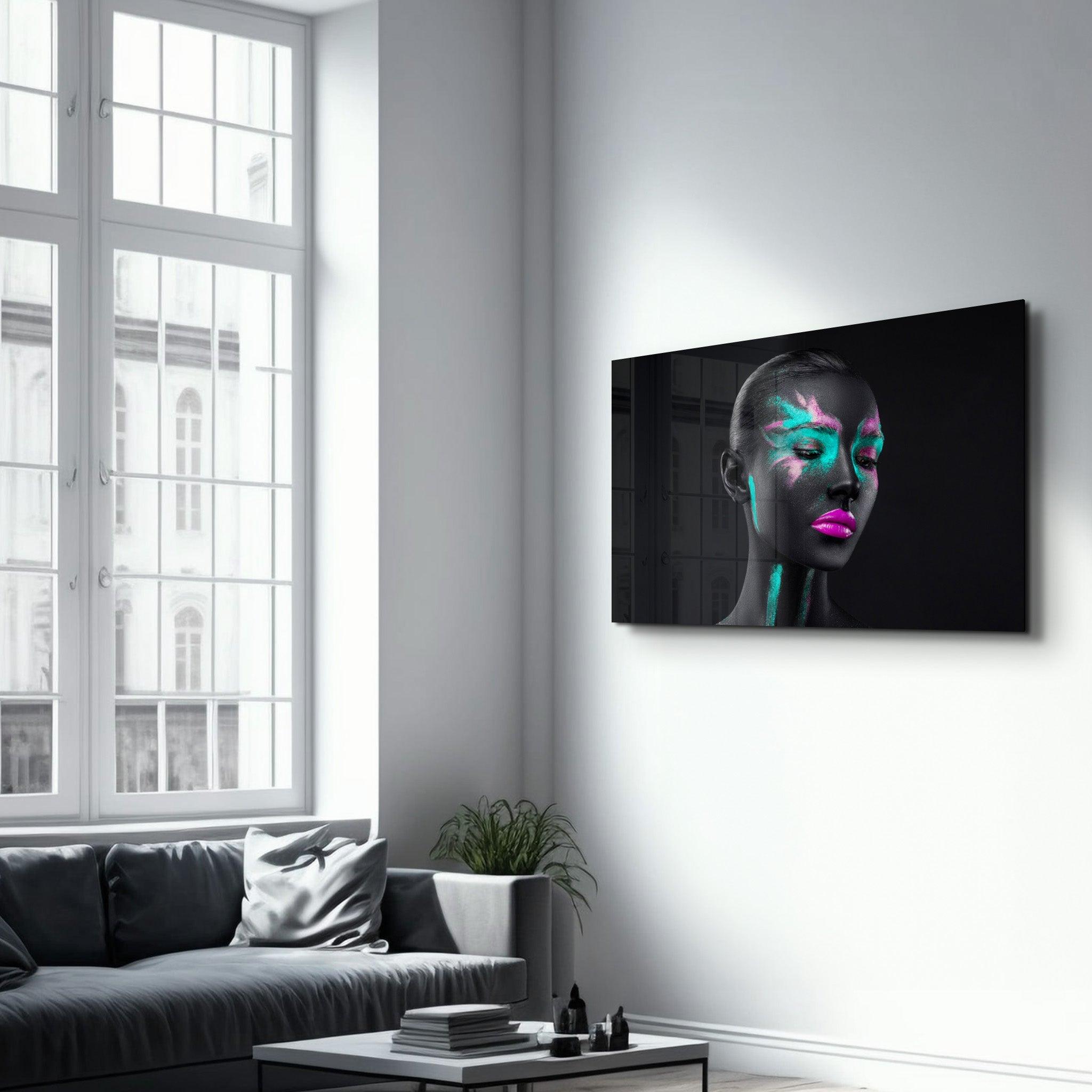 Neon Glow: The Silent Muse | Glass Wall Art - Artdesigna