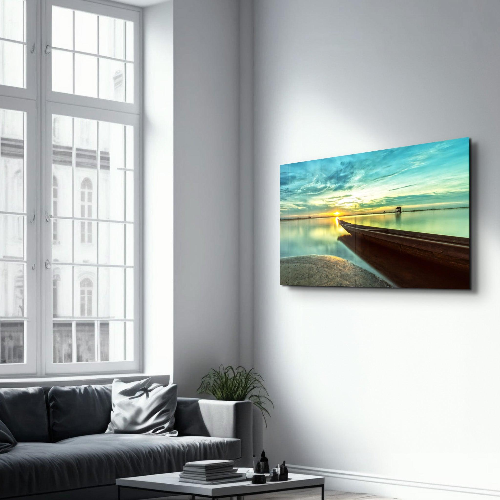 Kayak and Sunset on the Beach | Glass Wall Art - Artdesigna