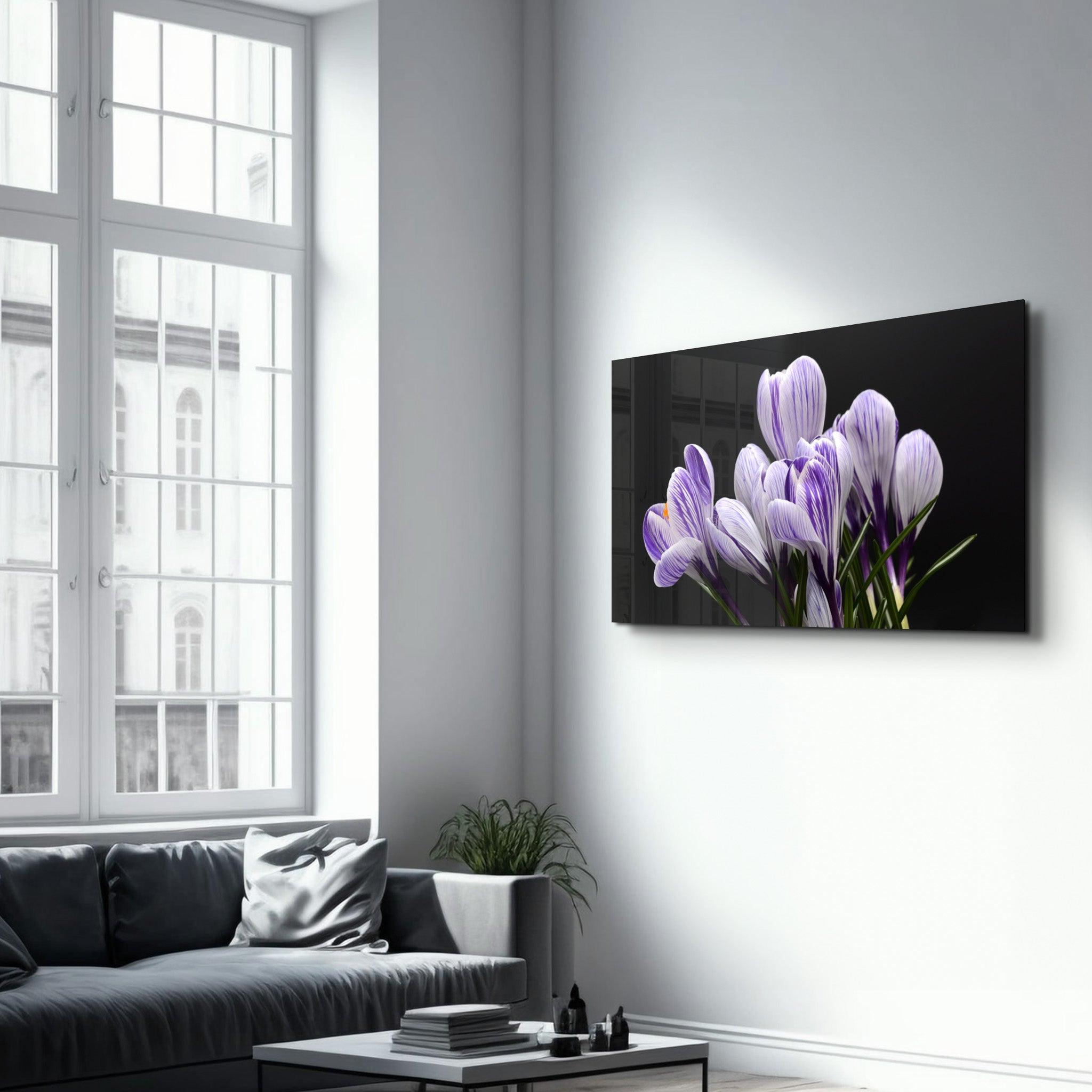 Purple Flowers | Glass Wall Art - Artdesigna