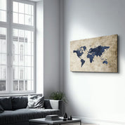 Retro World Map Blue | Glass Wall Art - Artdesigna