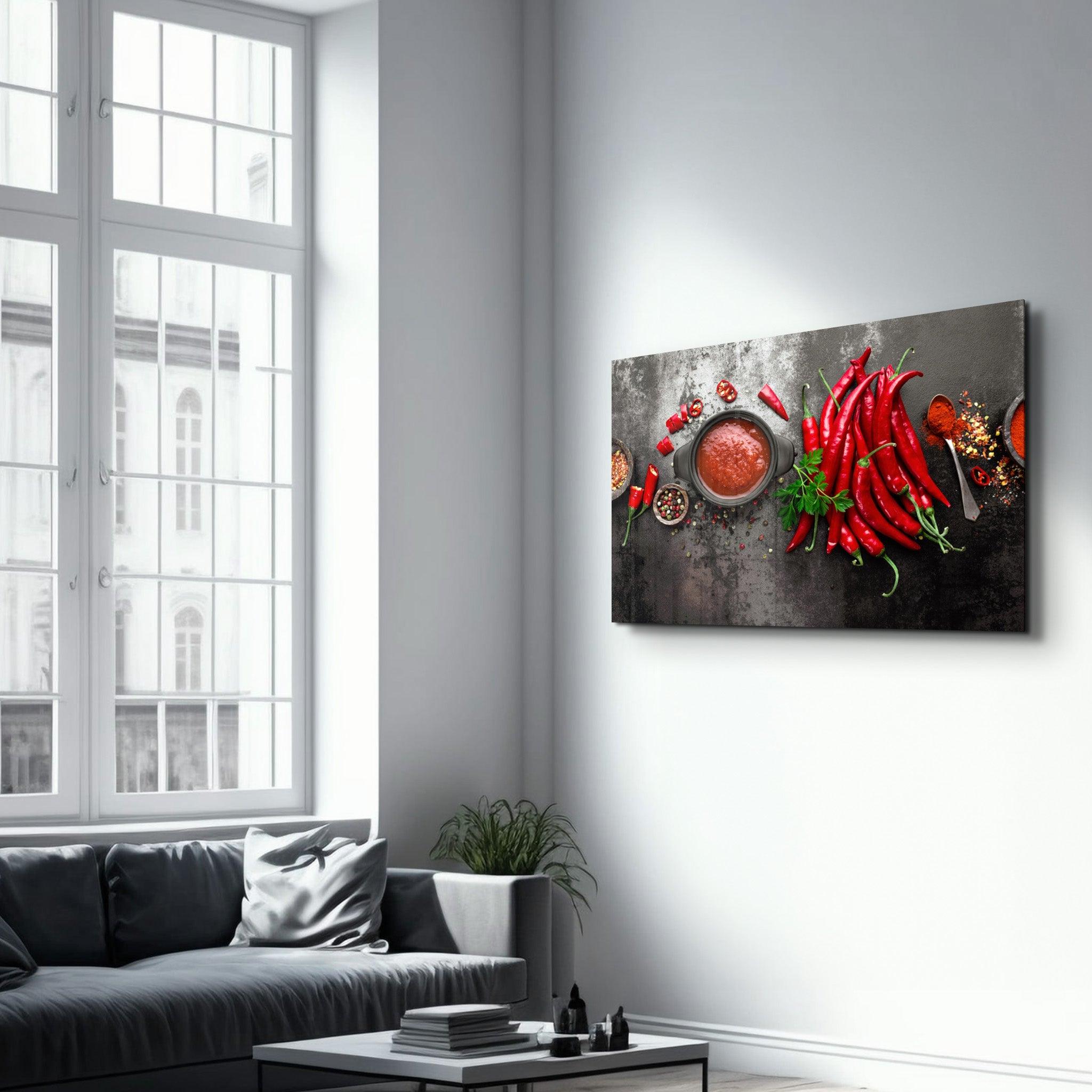 Red Peppers and Sauce | Glass Wall Art - Artdesigna