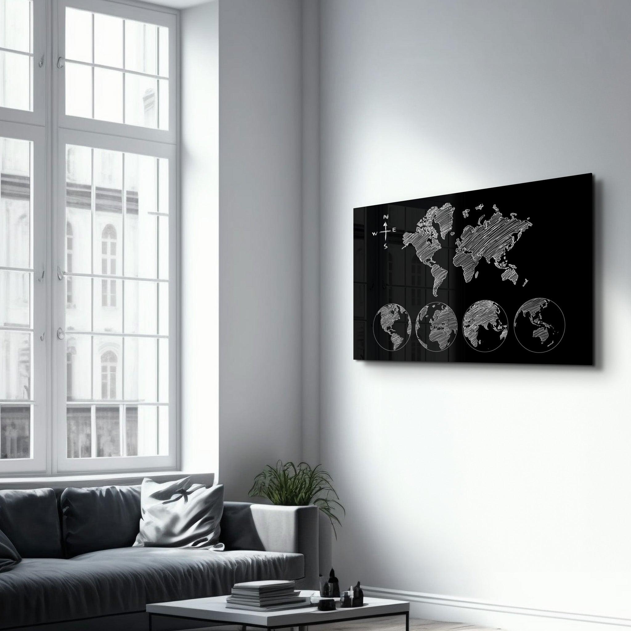 World Map Black-White | Glass Wall Art - Artdesigna