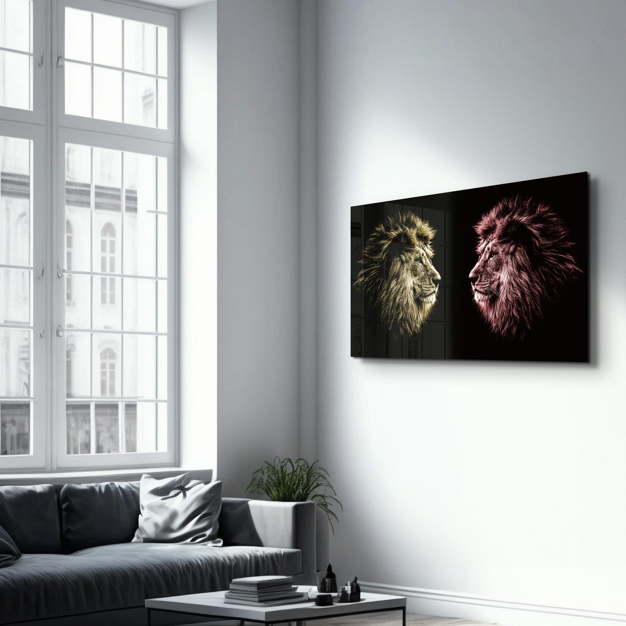 Lions Confrontation YR | Glass Wall Art - Artdesigna