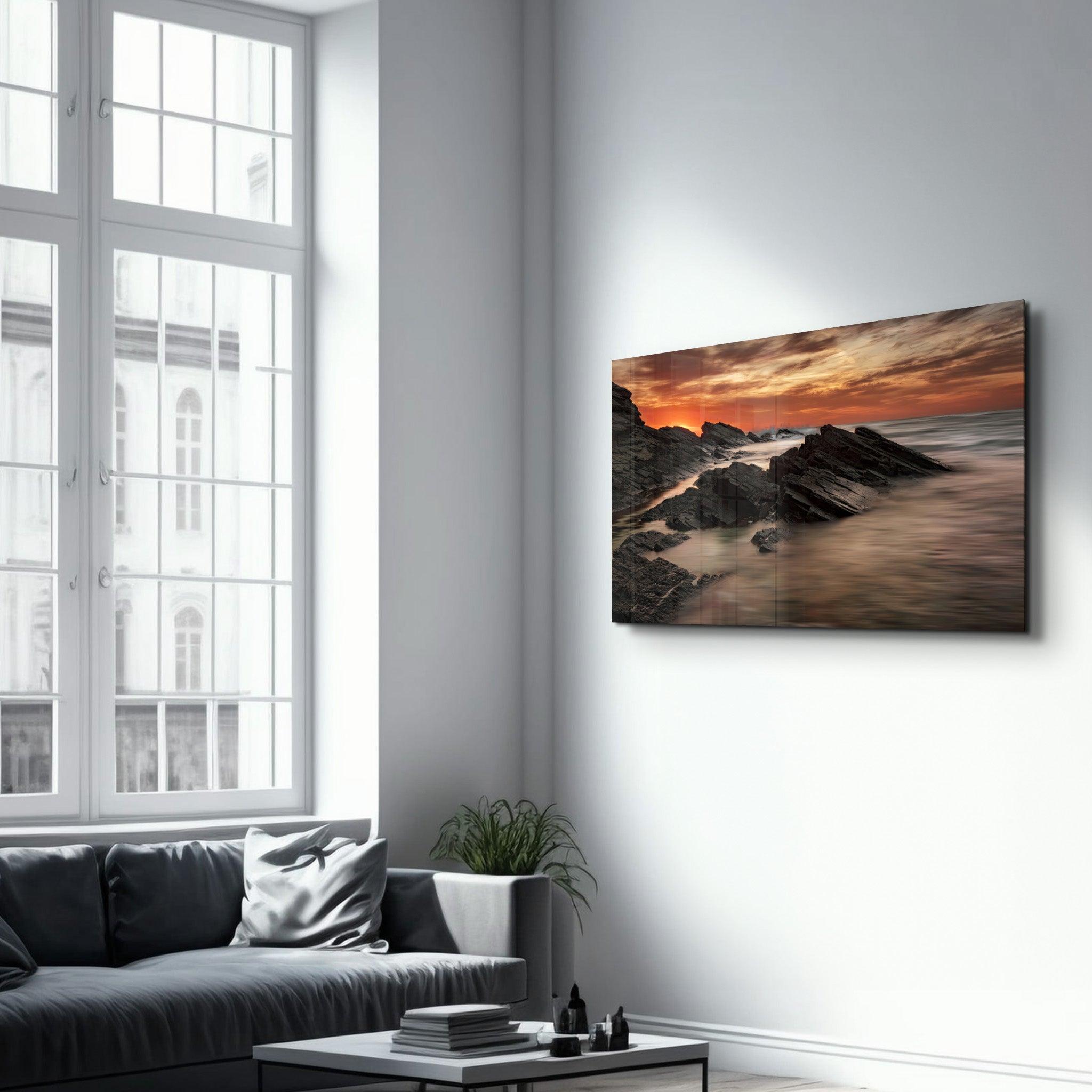 Sharp Rocks and Sunset | Glass Wall Art - Artdesigna