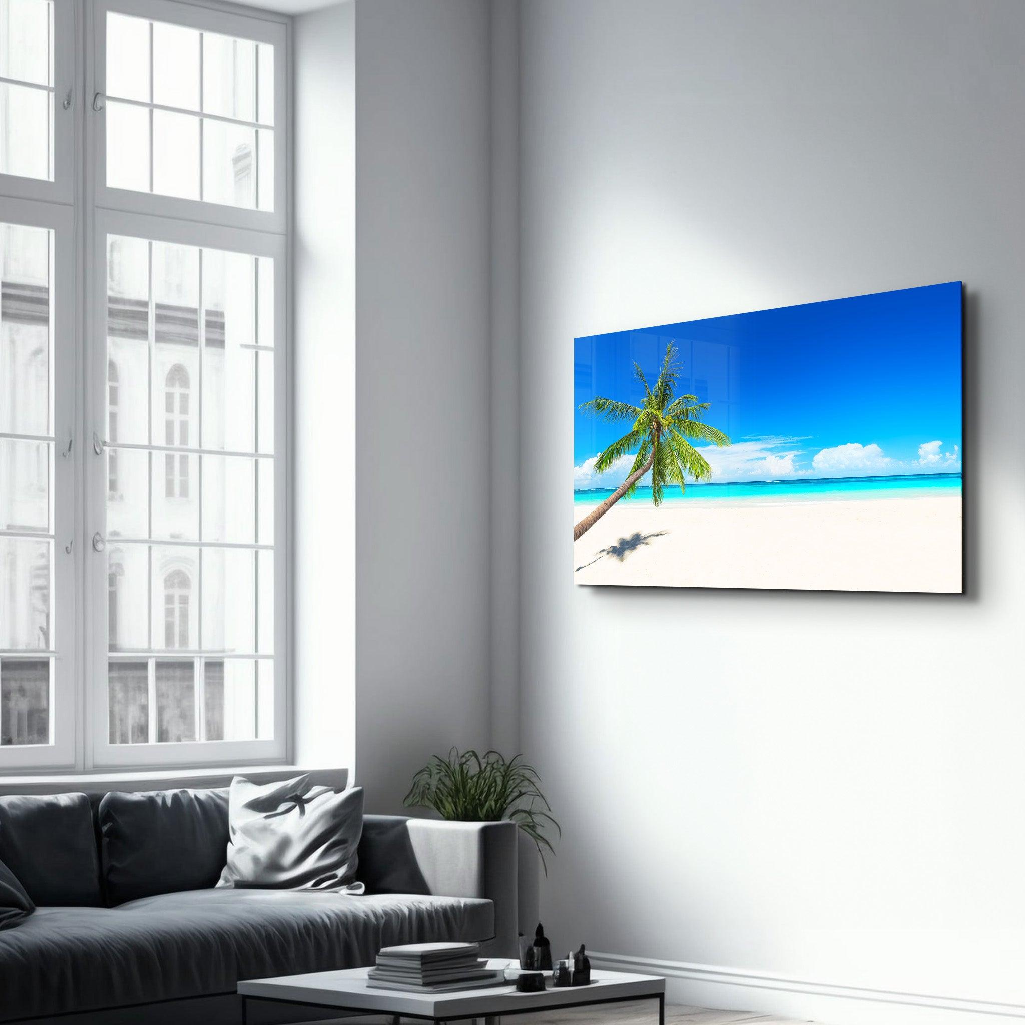 Paradise Calm: The Leaning Palm | Glass Wall Art - Artdesigna