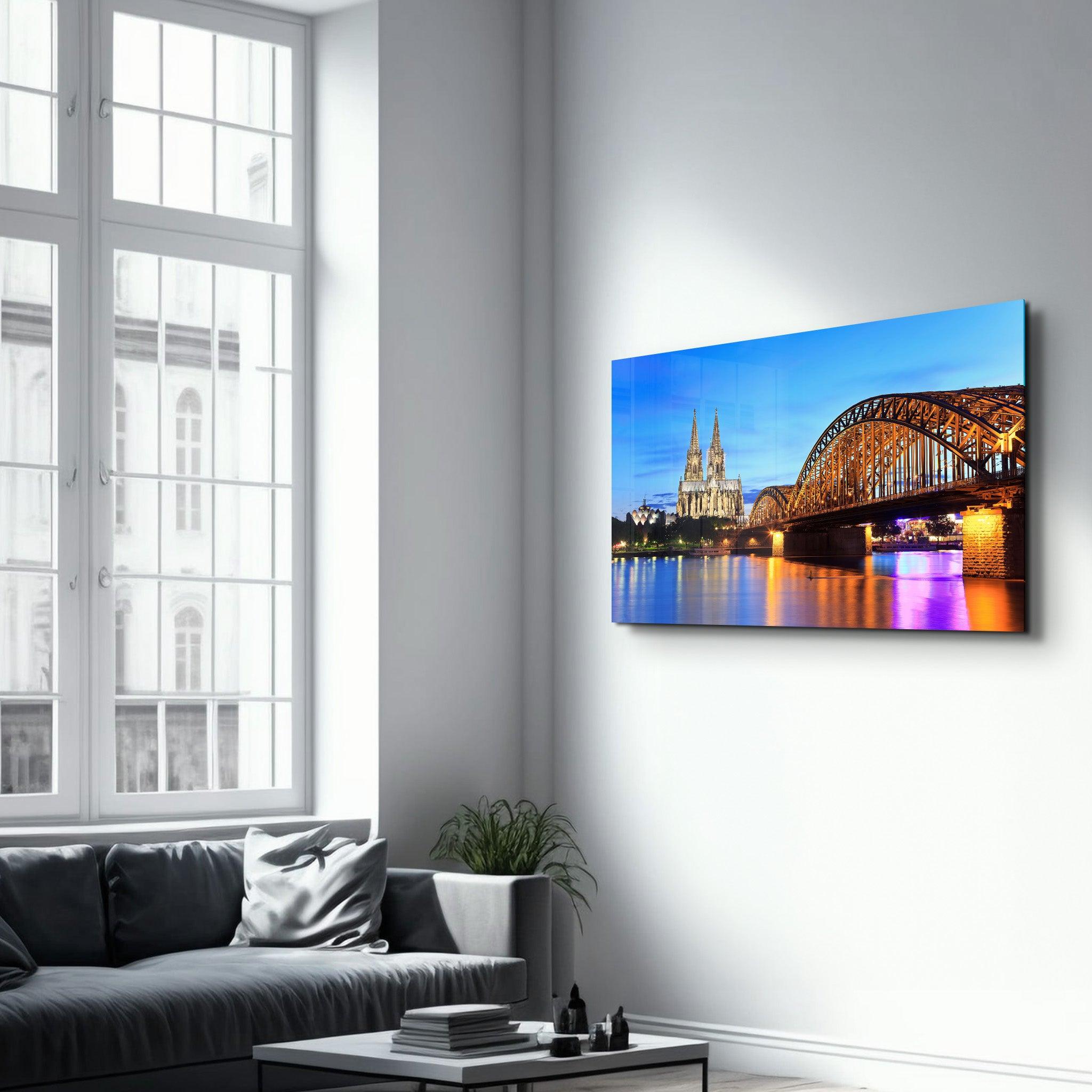 Cologne Dom and city skyline at night, Cologne, Germany | Glass Wall Art - Artdesigna