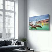 Porto, Portugal old town cityscape on the Douro River with traditional Rabelo boats. | Glass Wall Art - Artdesigna