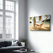 Hammock Under Palm Trees | Glass Wall Art - Artdesigna