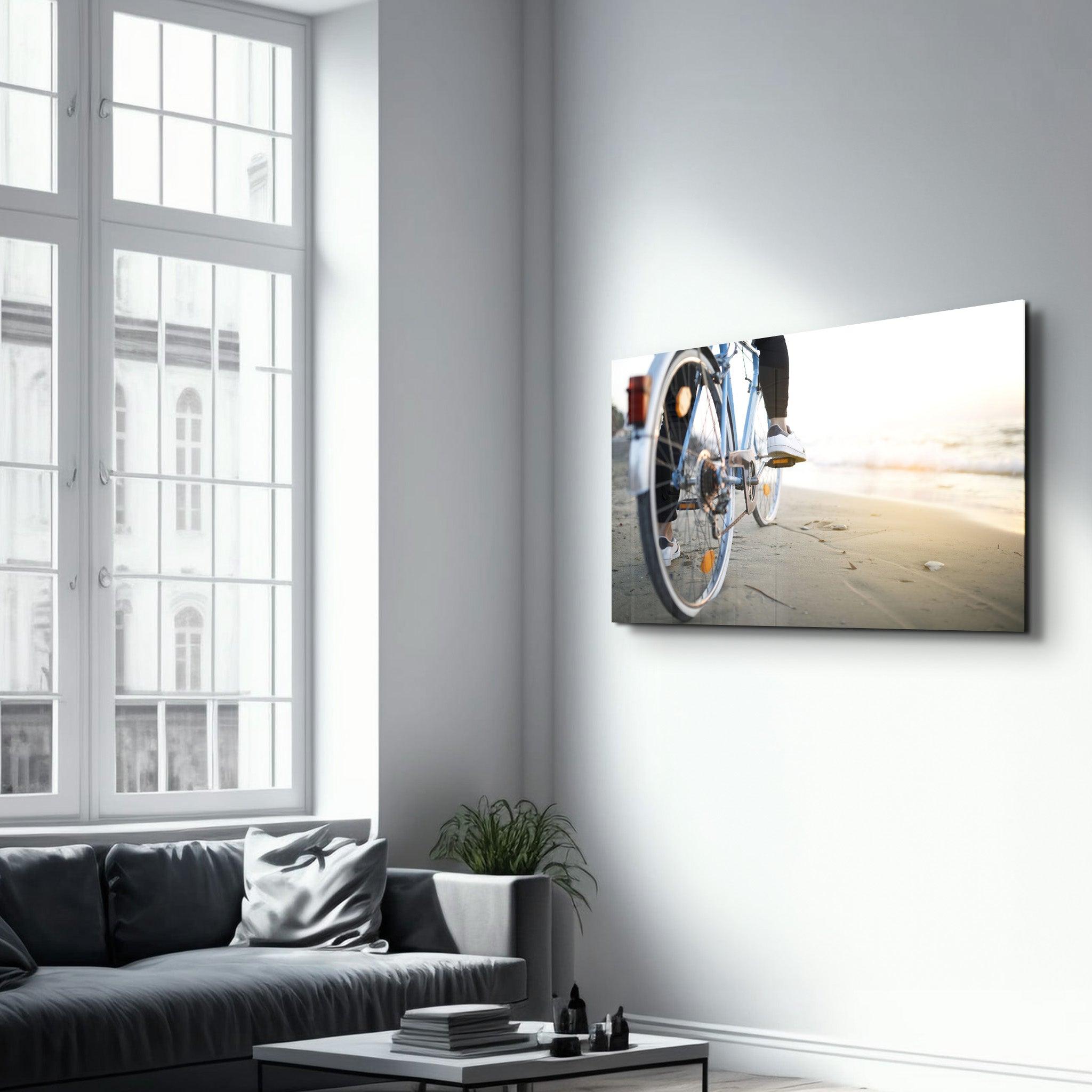 Riding A Bike On The Calm Beach | Glass Wall Art - Artdesigna