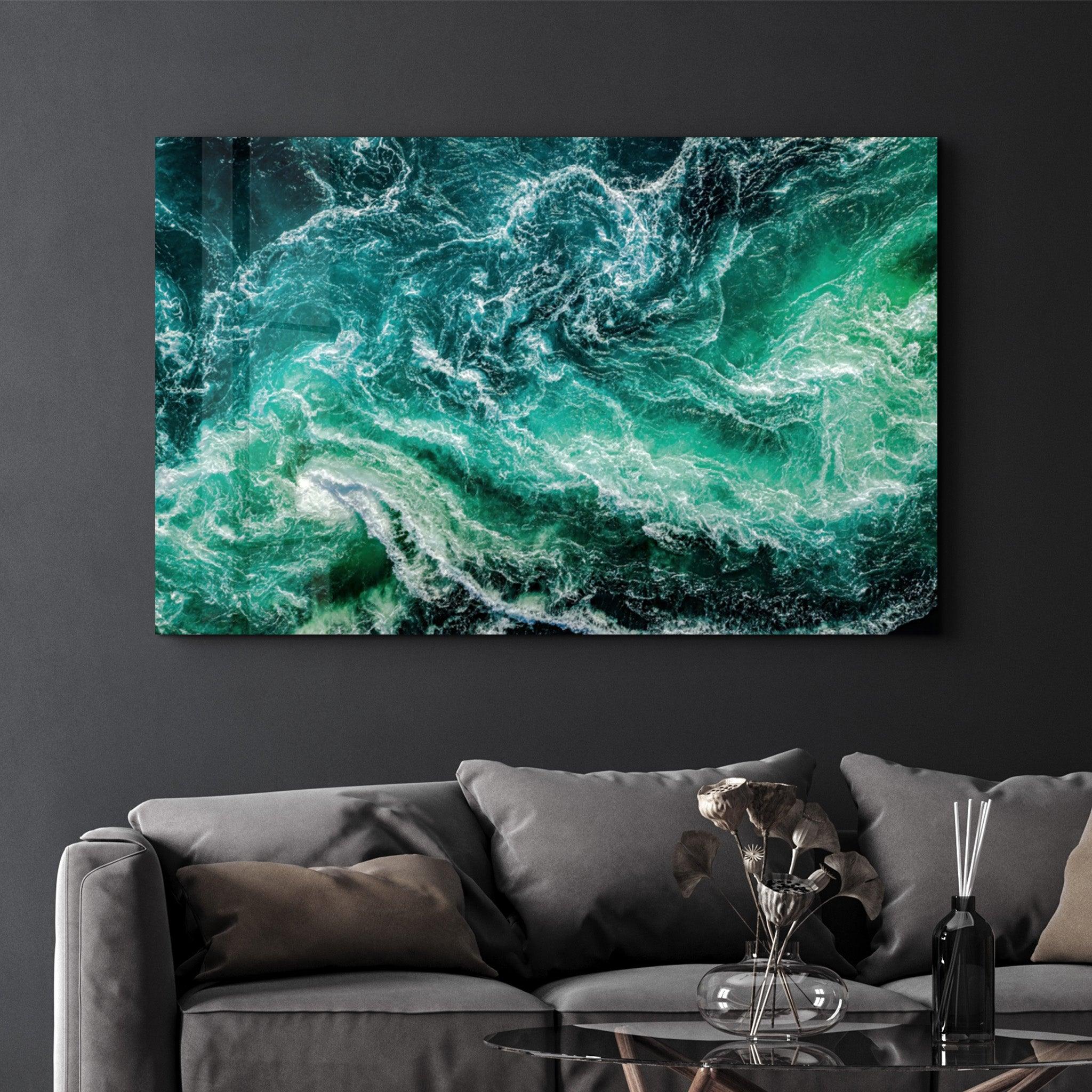 Green Waves | Glass Wall Art - Artdesigna