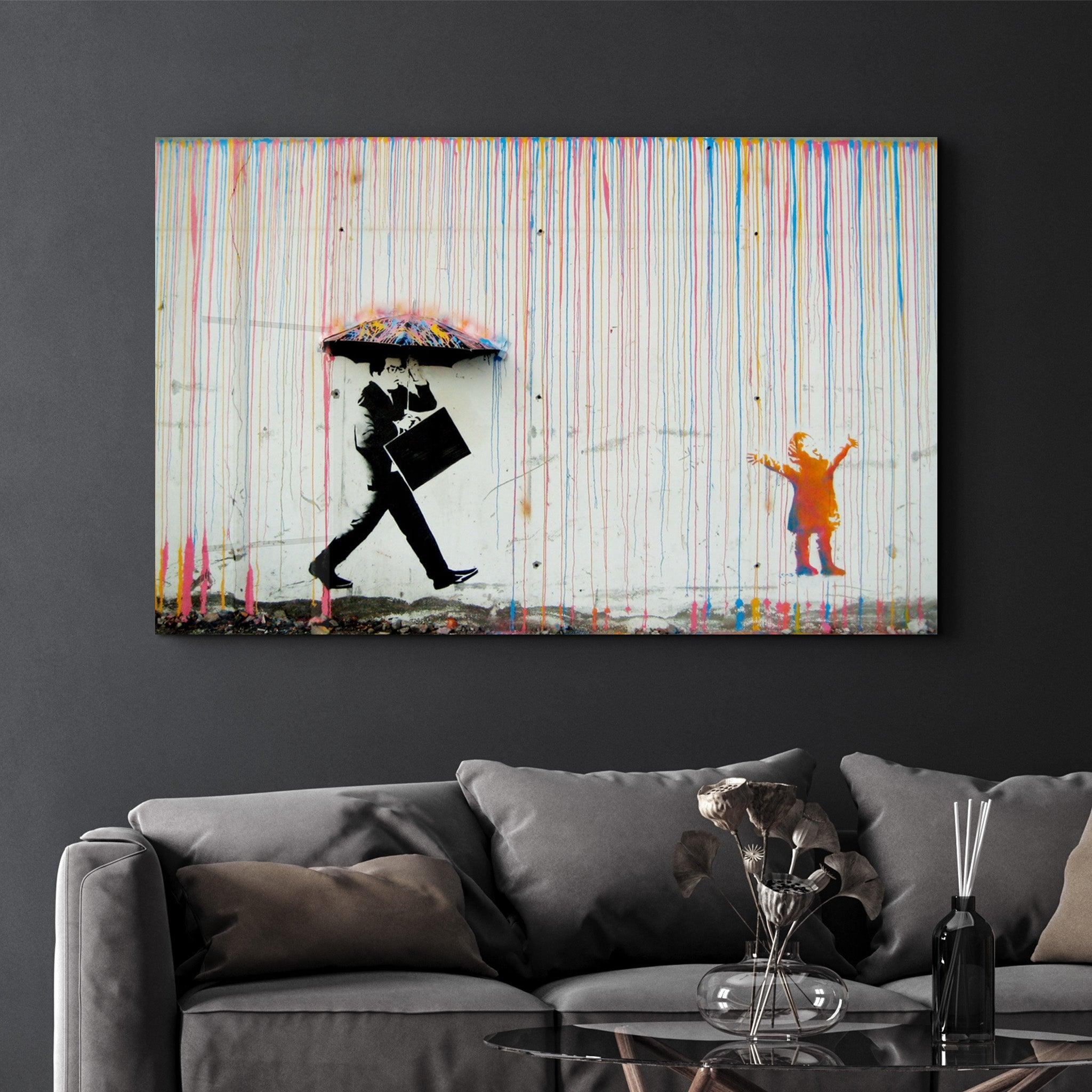 Banksy Umbrella Man Rainbow Rain Girl Glass Wall Art - Artdesigna