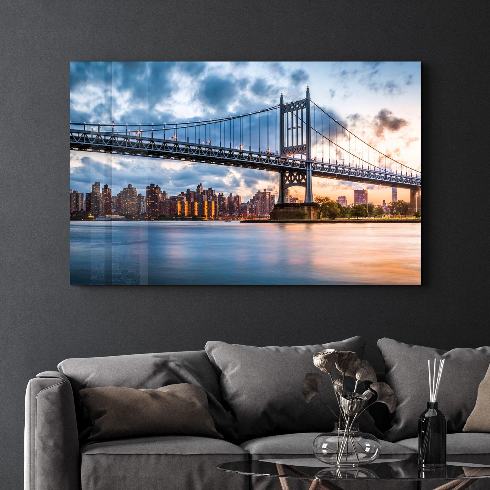 Sunset With Brooklyn Bridge | Glass Wall Art - Artdesigna