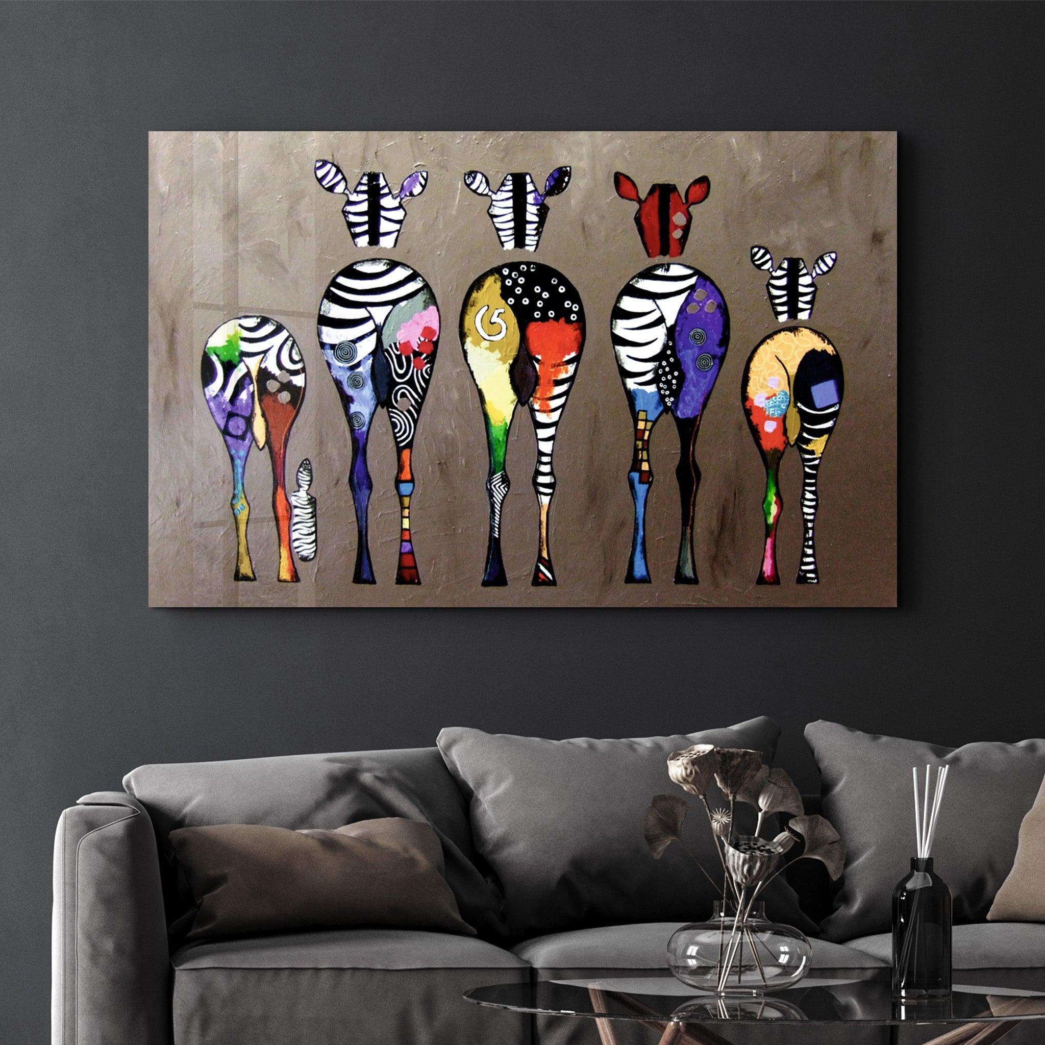 Colorful Zebra Family | Glass Wall Art - Artdesigna