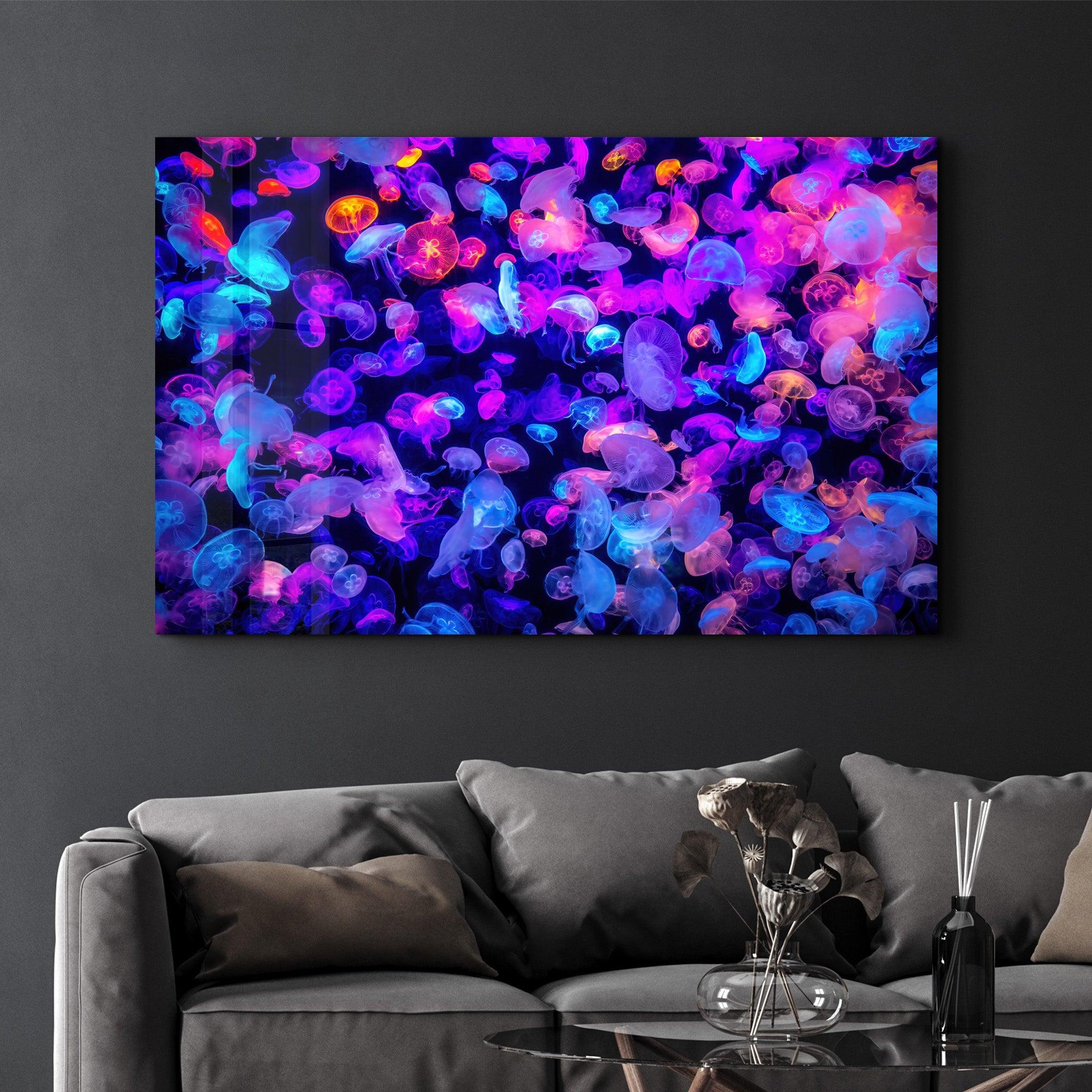 The Colorful Jellyfishes | Glass Wall Art - Artdesigna