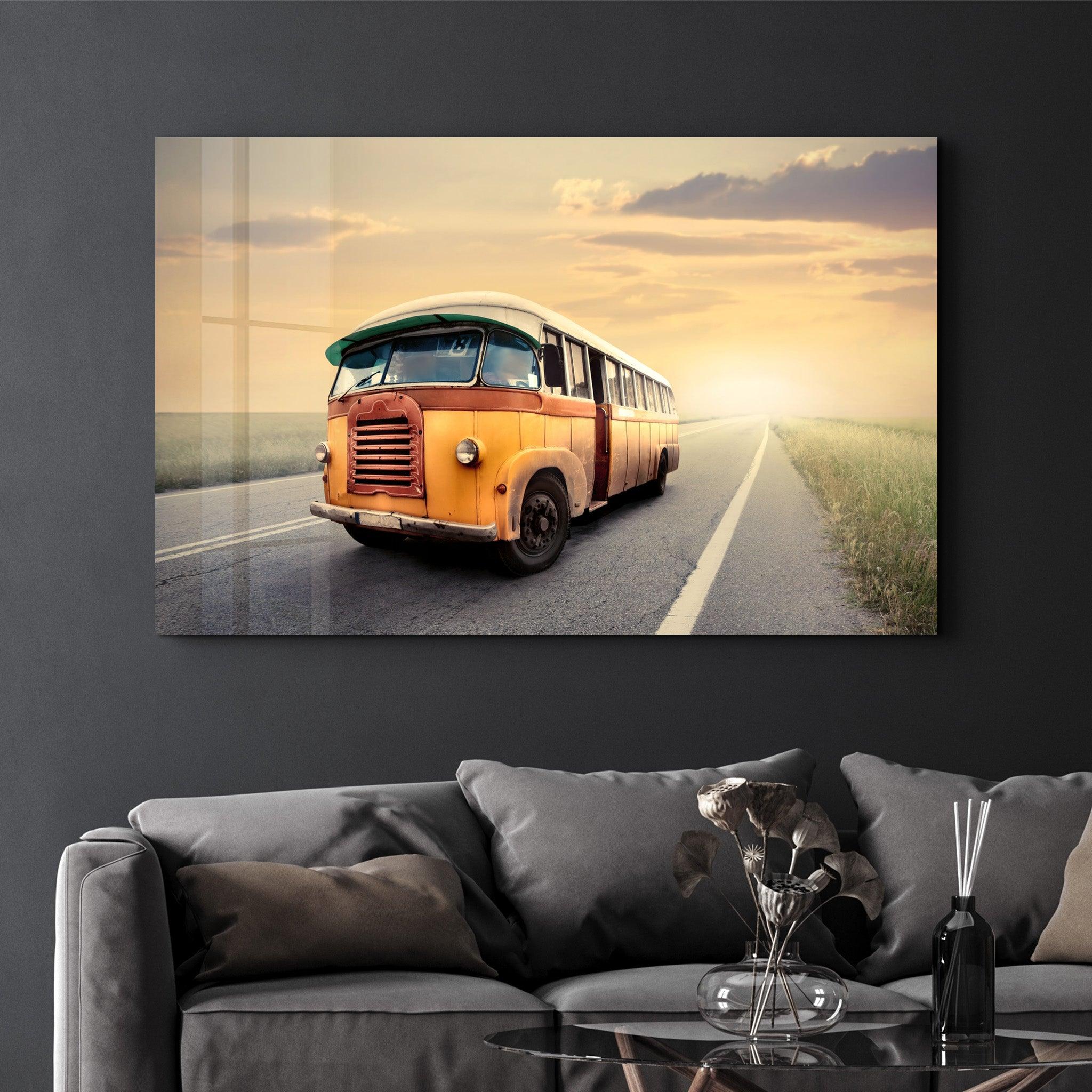 The Vintage Bus With Sunset | Glass Wall Art - Artdesigna