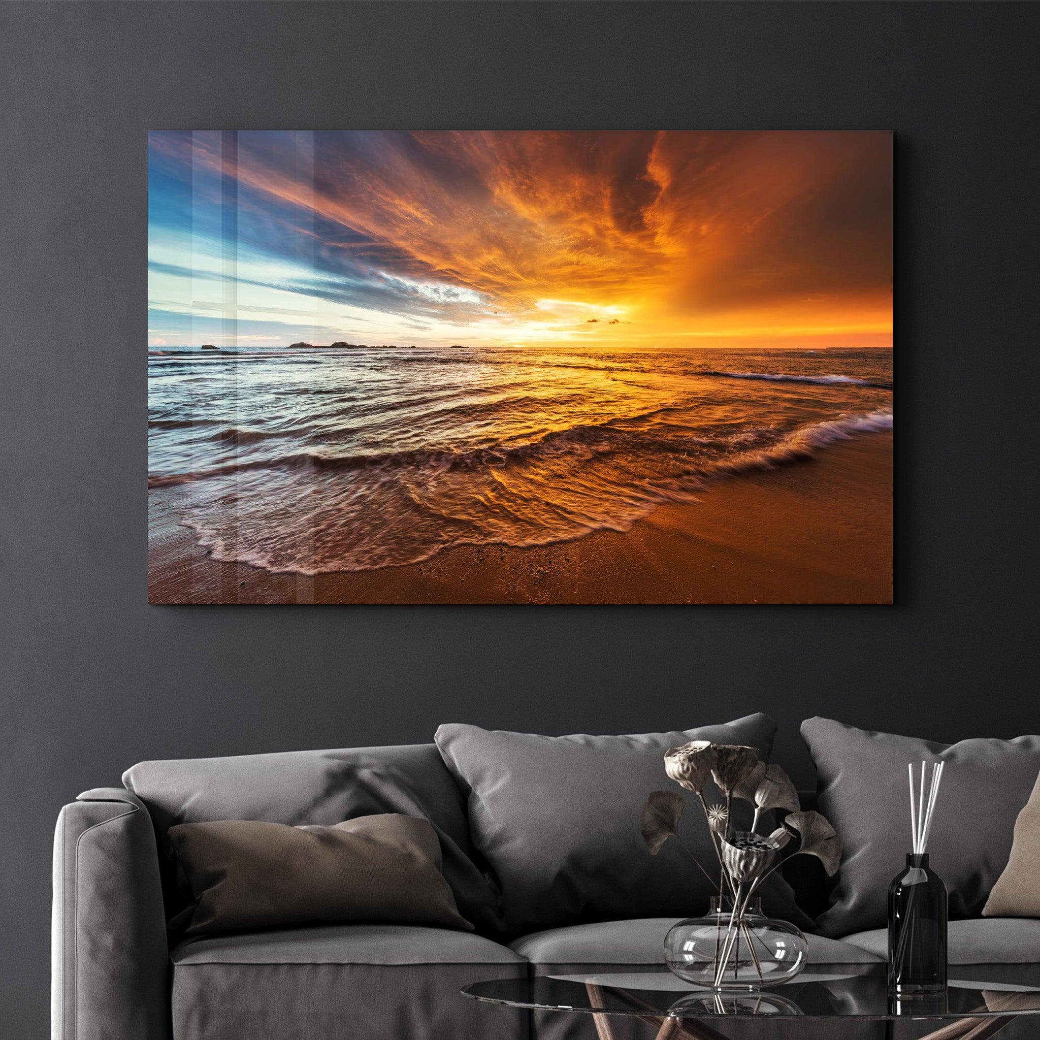 Endless Ocean Wtih Sunset | Glass Wall Art - Artdesigna