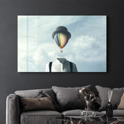 Man With Hot Air Balloon Head | Glass Wall Art - Artdesigna