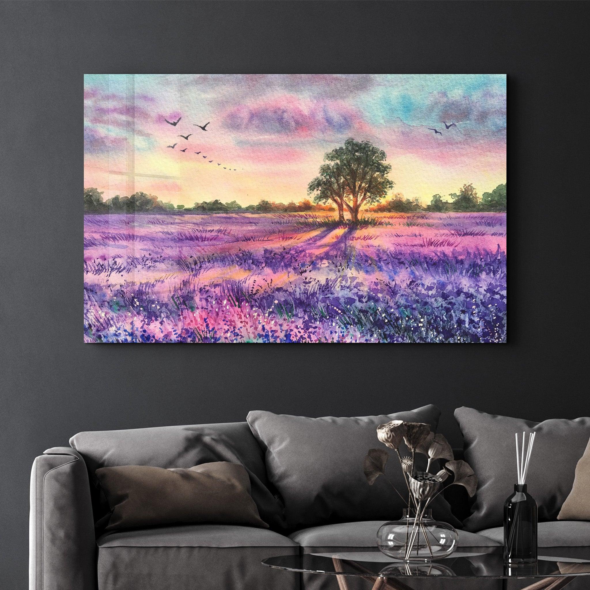 Sunset Meadow Painting | Glass Wall Art - Artdesigna