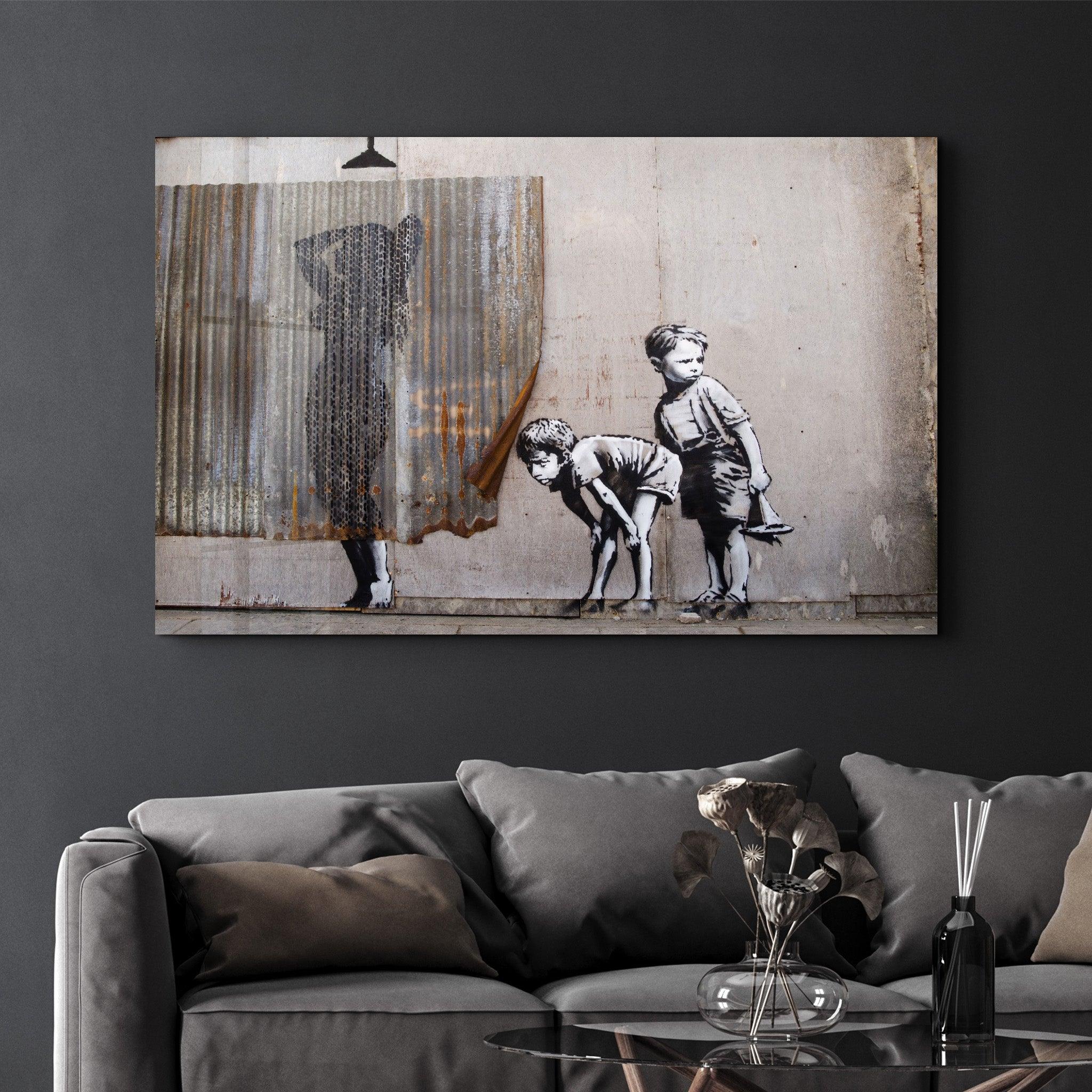 Banksy - Spying Boyz | Glass Wall Art - Artdesigna