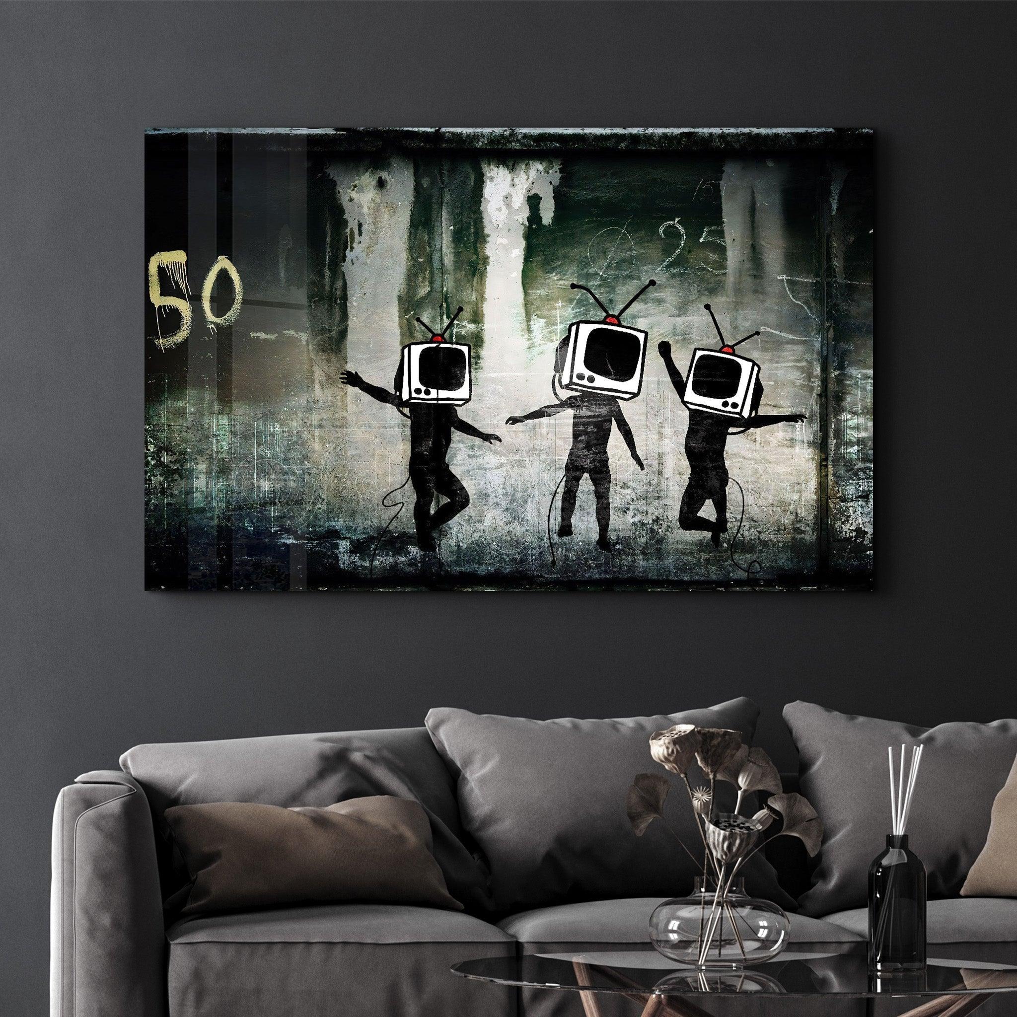 Banksy - Dancing TV | Glass Wall Art - Artdesigna