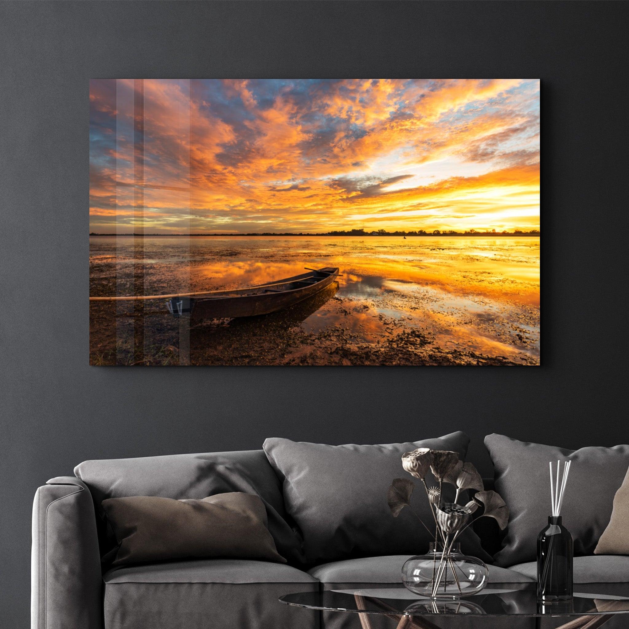 Golden Sunset over the Lake | Glass Wall Art - Artdesigna