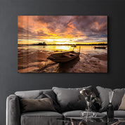 Fishing Boat at Sunset | Glass Wall Art - Artdesigna