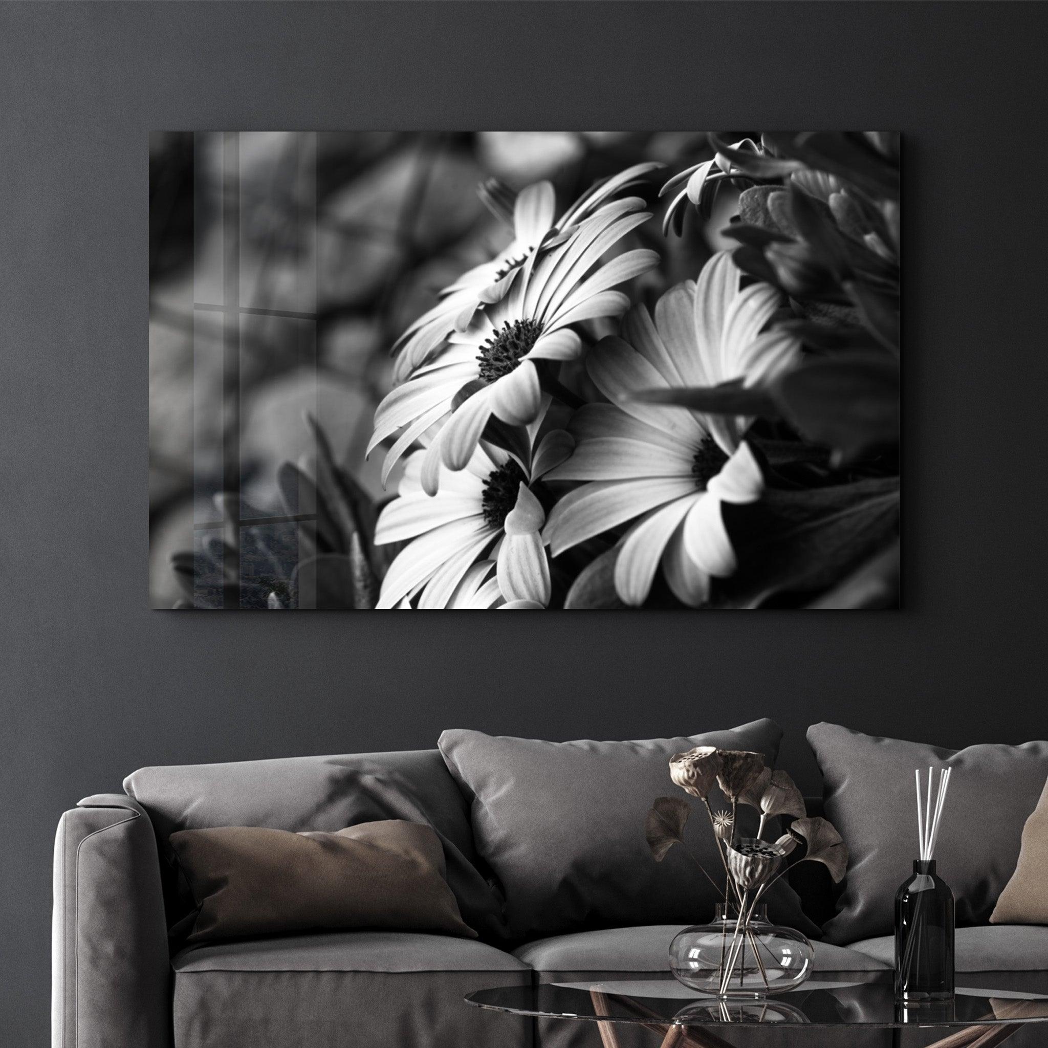 Black - White Flower | Glass Wall Art - Artdesigna