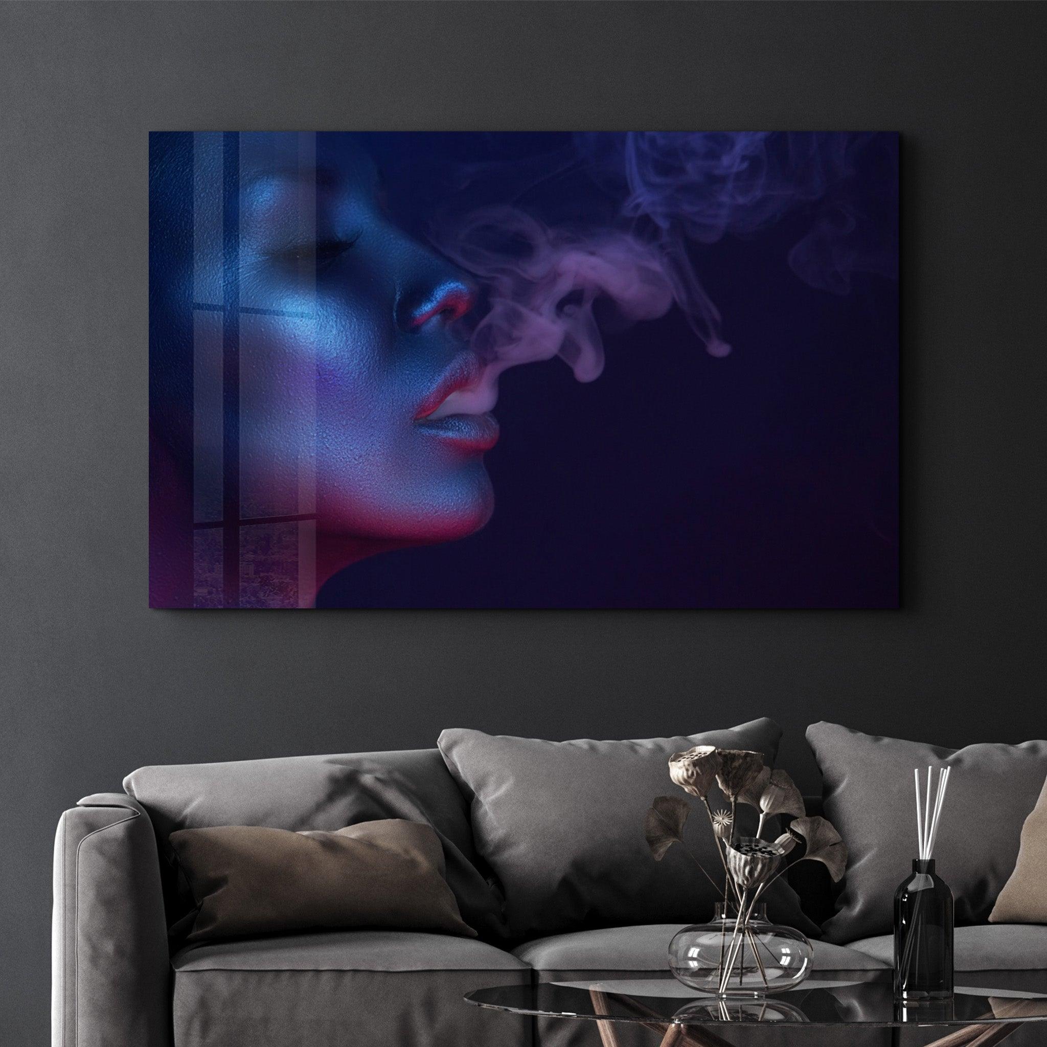 Smoke and Woman | Glass Wall Art - Artdesigna