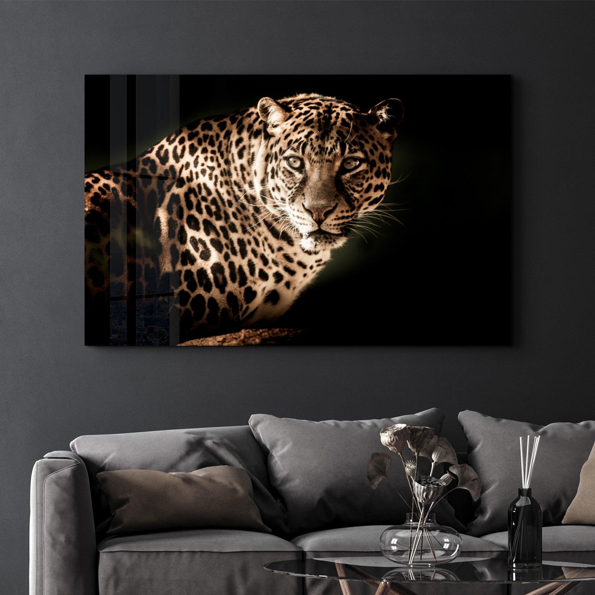 Leopard’s Silent Vigil | Glass Wall Art - Artdesigna