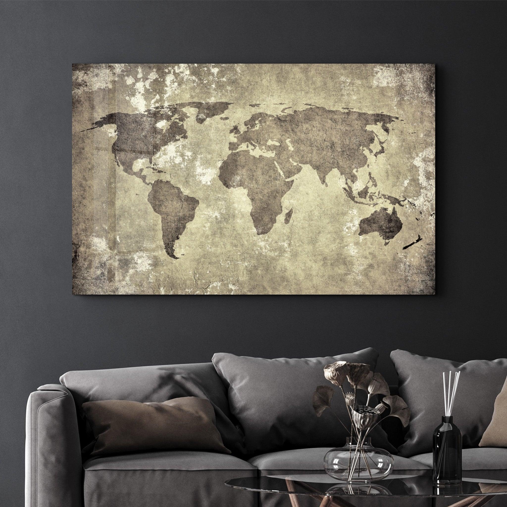 Retro World Map | Glass Wall Art - Artdesigna