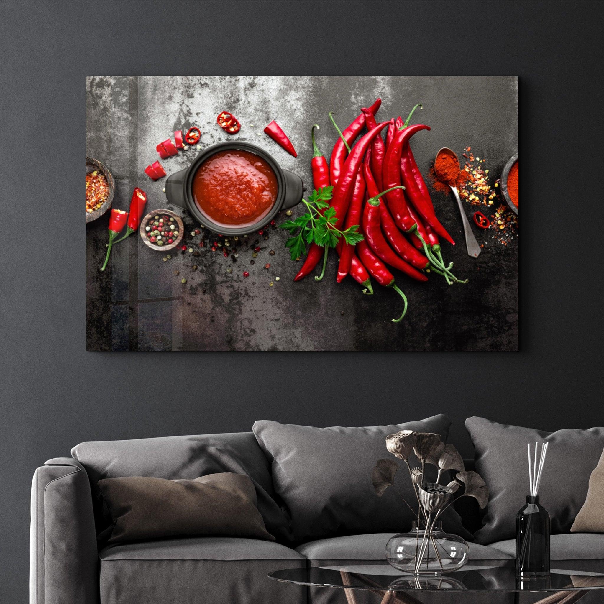 Red Peppers and Sauce | Glass Wall Art - Artdesigna