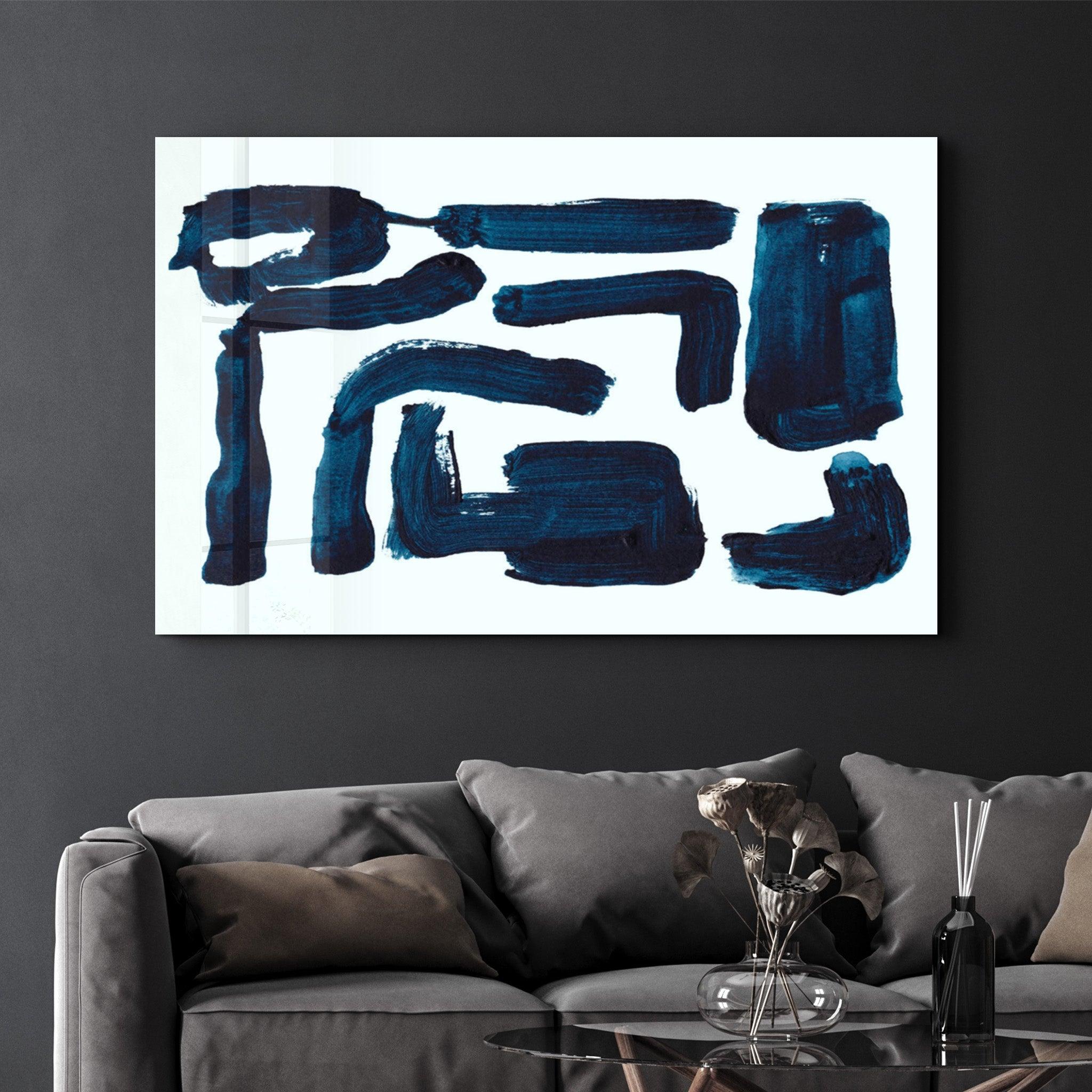 Blue Brush Marks | Glass Wall Art - Artdesigna