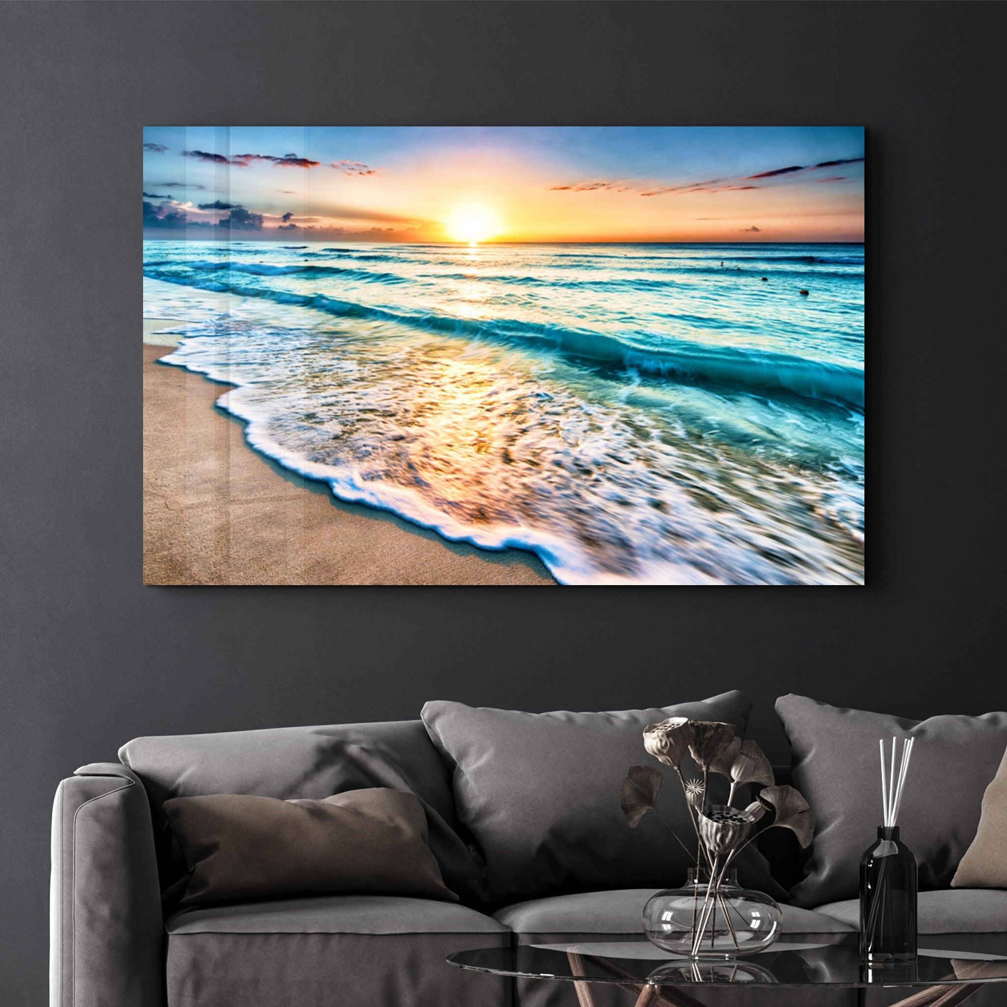 Ocean and Sunset | Glass Wall Art - Artdesigna