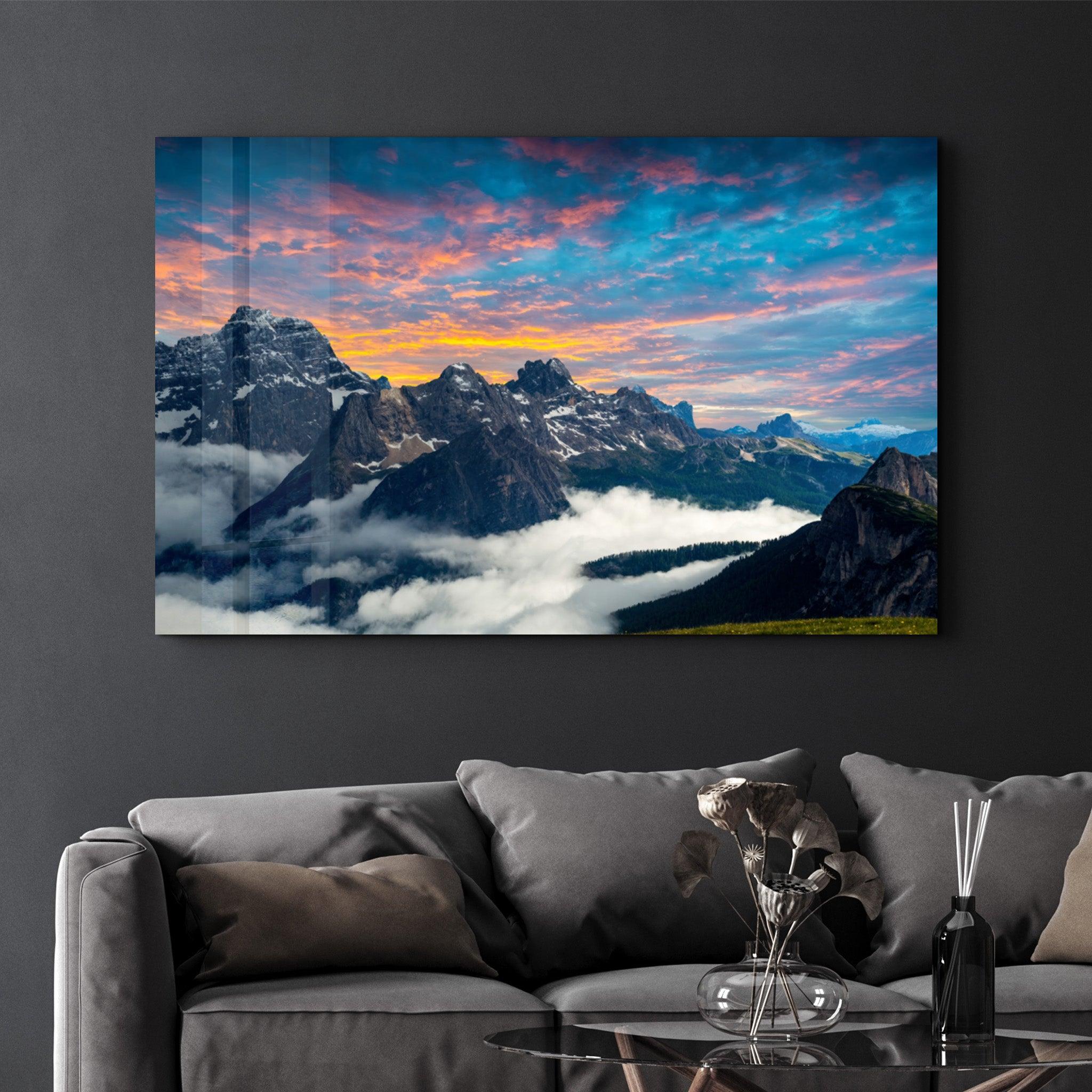 Mountains and Clouds | Glass Wall Art - Artdesigna