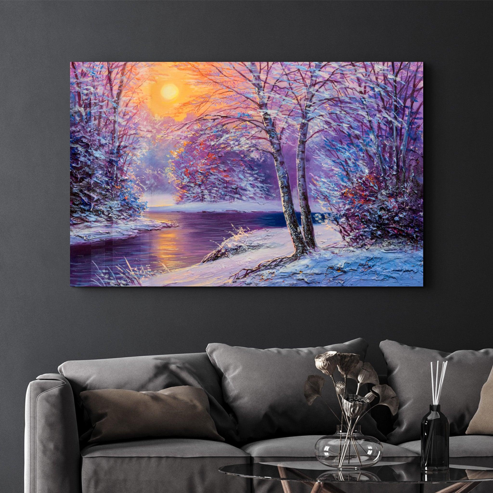 Oil Painting Winter Sunset | Glass Wall Art - Artdesigna