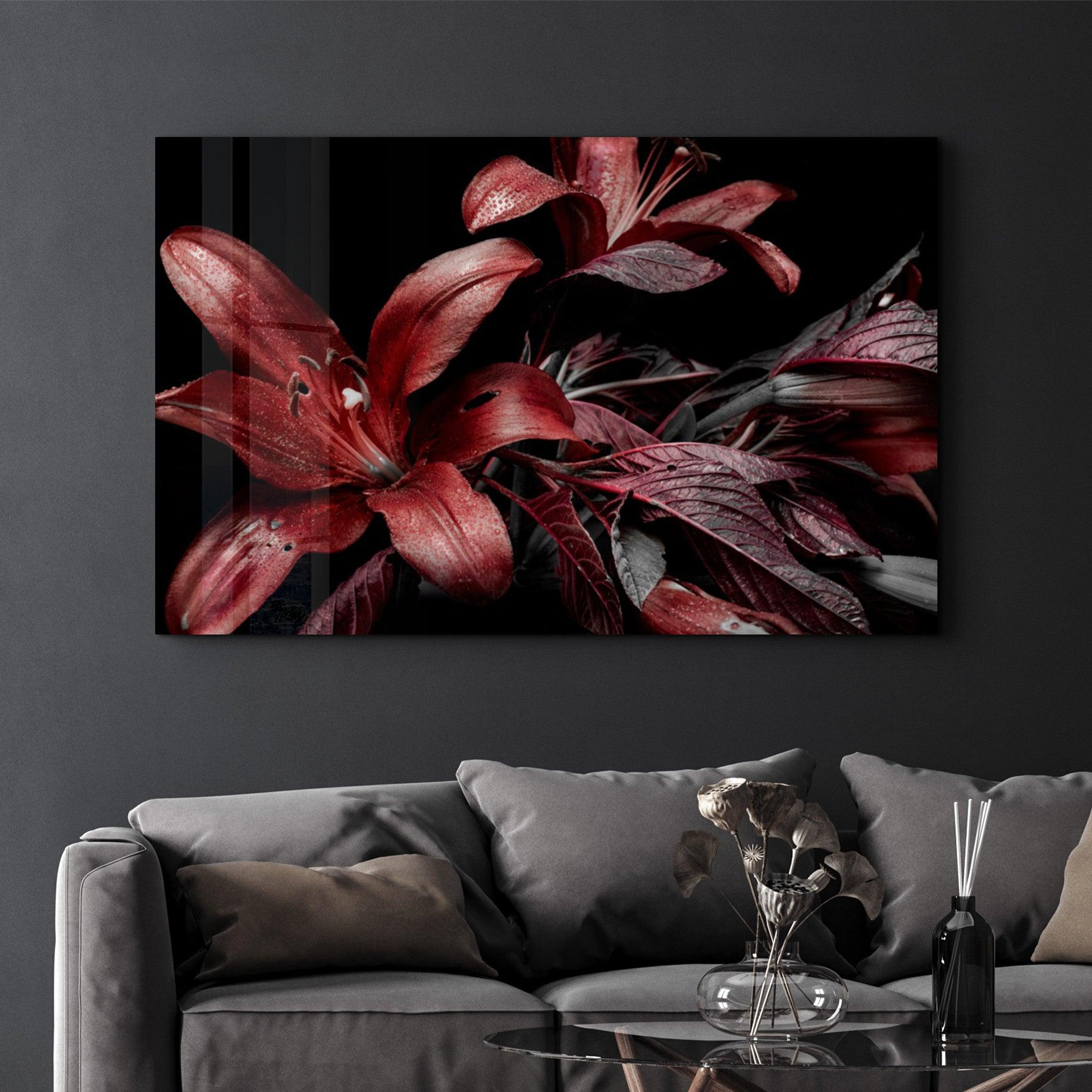 Red and Black Flowers | Glass Wall Art - Artdesigna