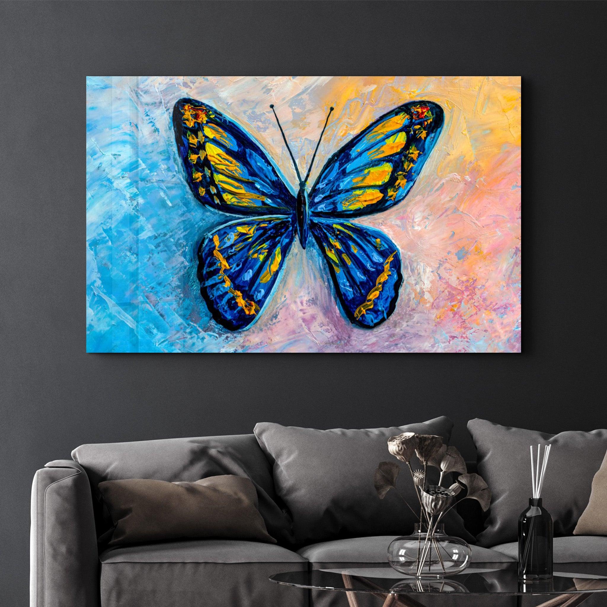 Twilight Wings: The Blue Monarch | Glass Wall Art - Artdesigna