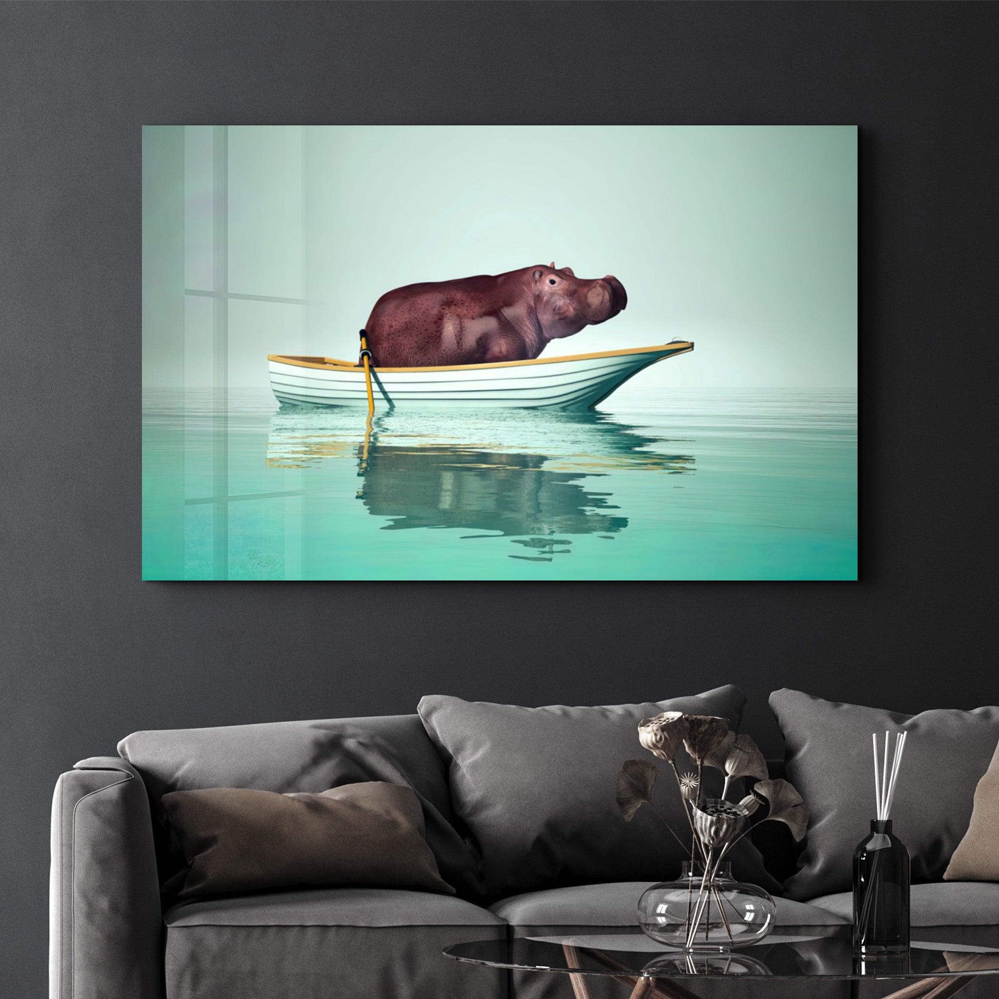 Hippo on the Boat 1 | Glass Wall Art - Artdesigna