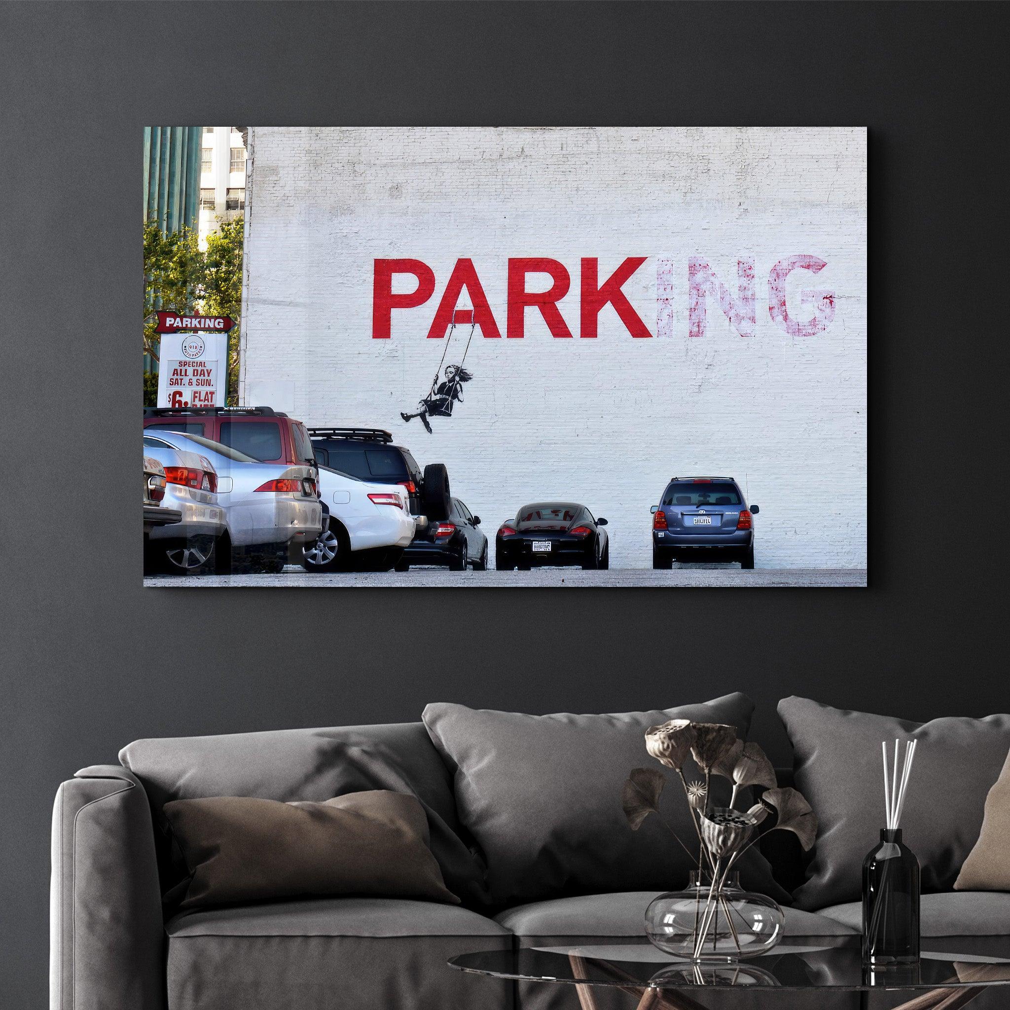 Banksy - Parking | Designer's Collection Glass Wall Art - Artdesigna