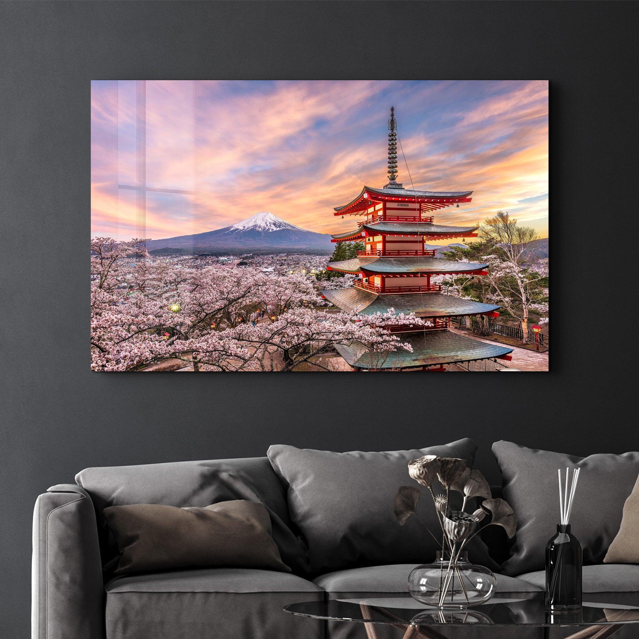 Fujiyoshida, Japan at Chureito Pagoda and Mt. Fuji in the spring with cherry blossoms | Glass Wall Art - Artdesigna