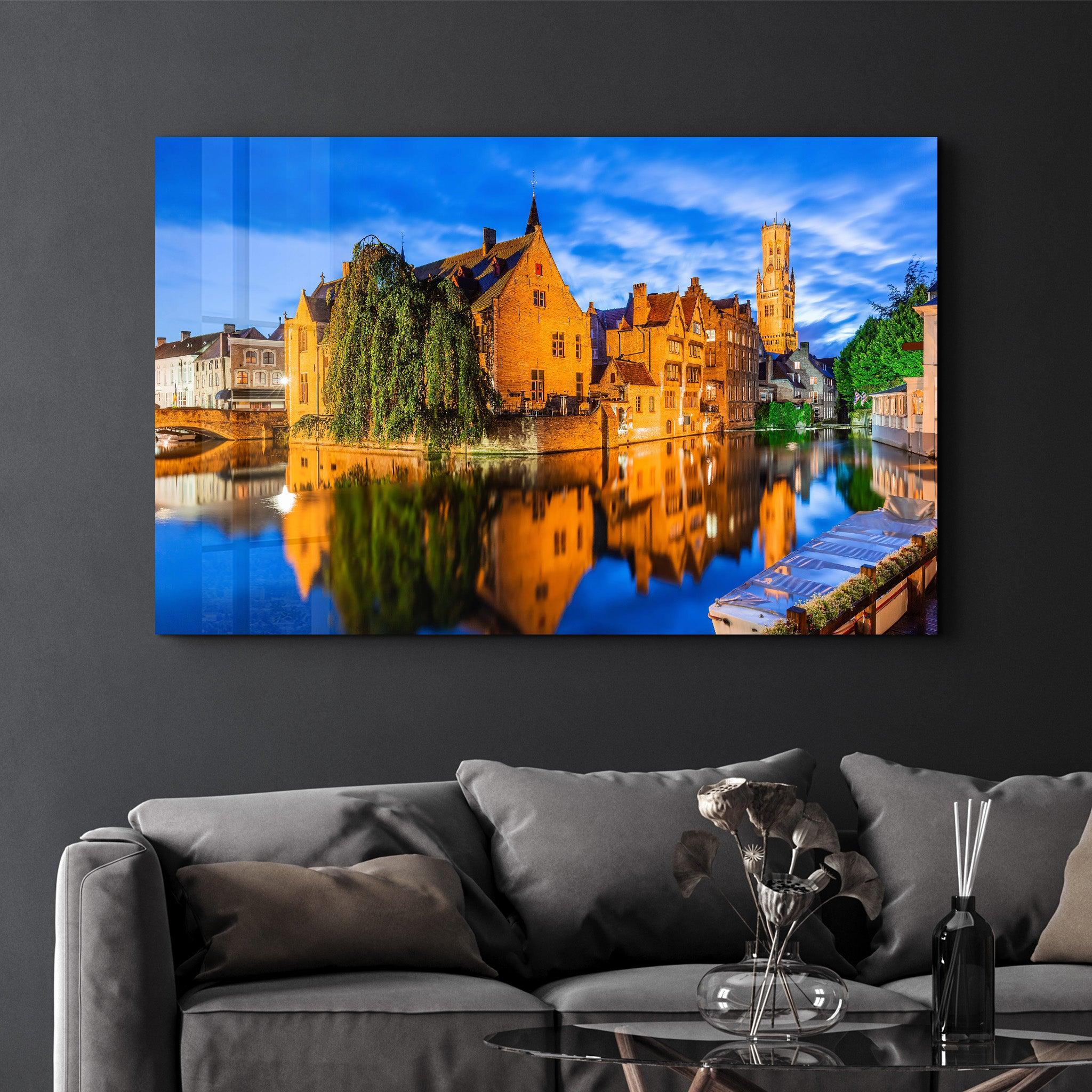 Bruges, Belgium. The Rozenhoedkaai canal in Bruges with the Belfry | Glass Wall Art - Artdesigna