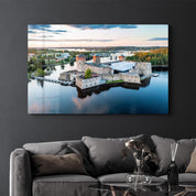 Aerial view of Olavinlinna medieval castle in Savonlinna, Finland | Glass Wall Art - Artdesigna