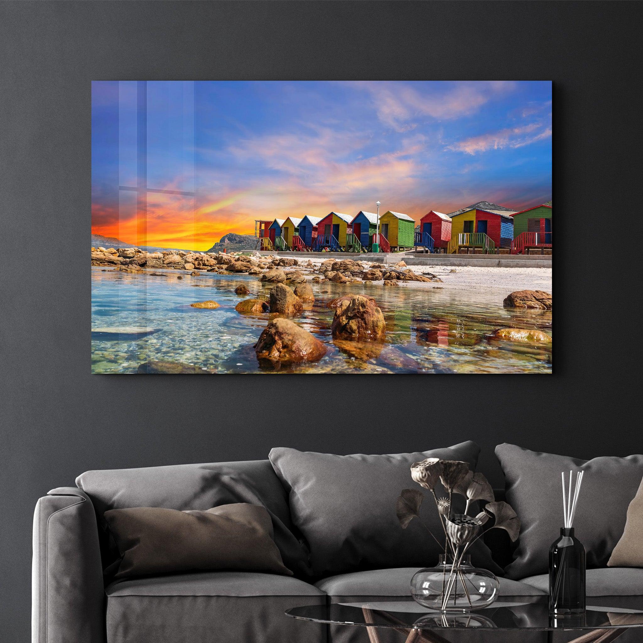 Muizenberg beach huts wooden cabins at twilight in Cape Town South Africa | Glass Wall Art - Artdesigna