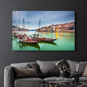 Porto, Portugal old town cityscape on the Douro River with traditional Rabelo boats. | Glass Wall Art - Artdesigna