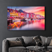 Copenhagen, Denmark. Experience the breathtaking beauty of Nyhavn canal at sunrise | Glass Wall Art - Artdesigna