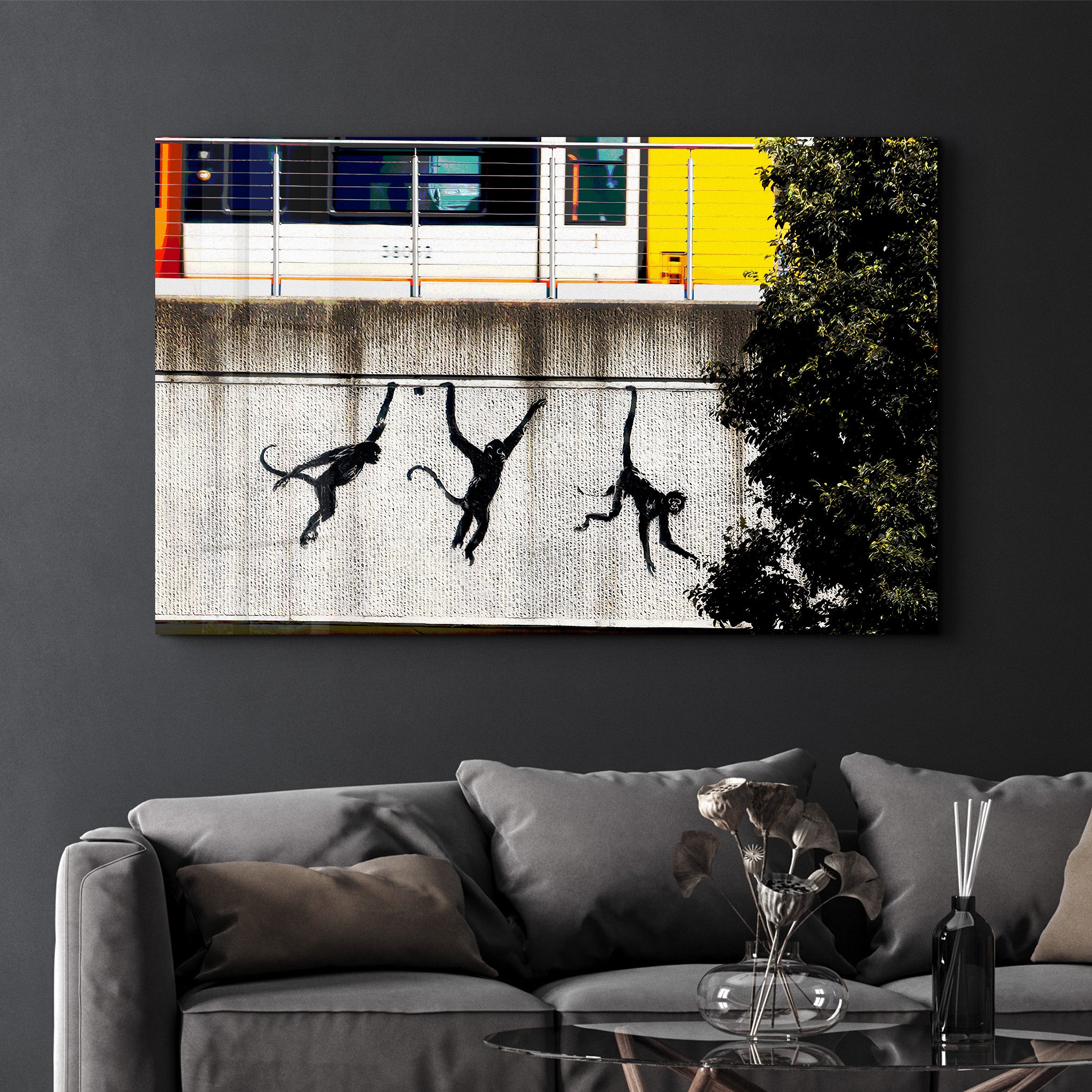 Banksy - Monkeys on the Train Bridge - Glass Wall Art - Artdesigna