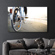 Riding A Bike On The Calm Beach | Glass Wall Art - Artdesigna