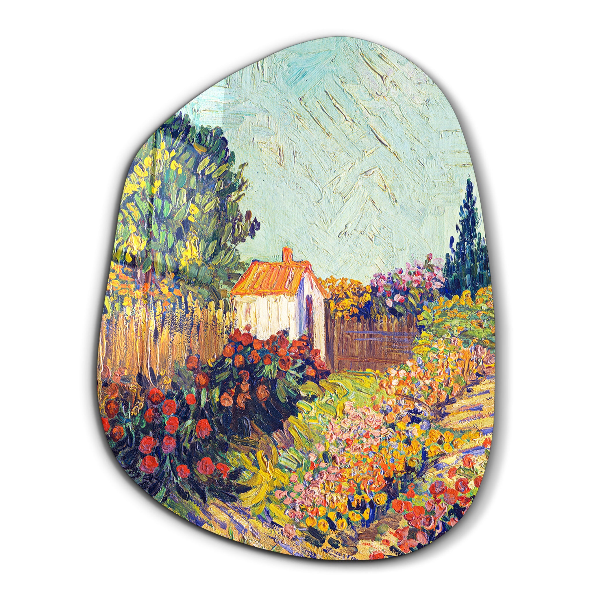 Colorful glass wall art featuring a cottage bloom amorphous design by Artdesigna, decorative wall decor for modern interiors.